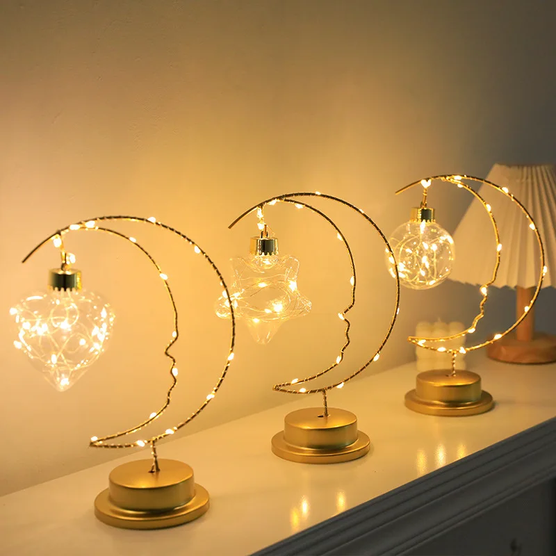 Moon Star LED Night Light Heart Iron Decor Indoor Lamp Gift Bedroom Ornament