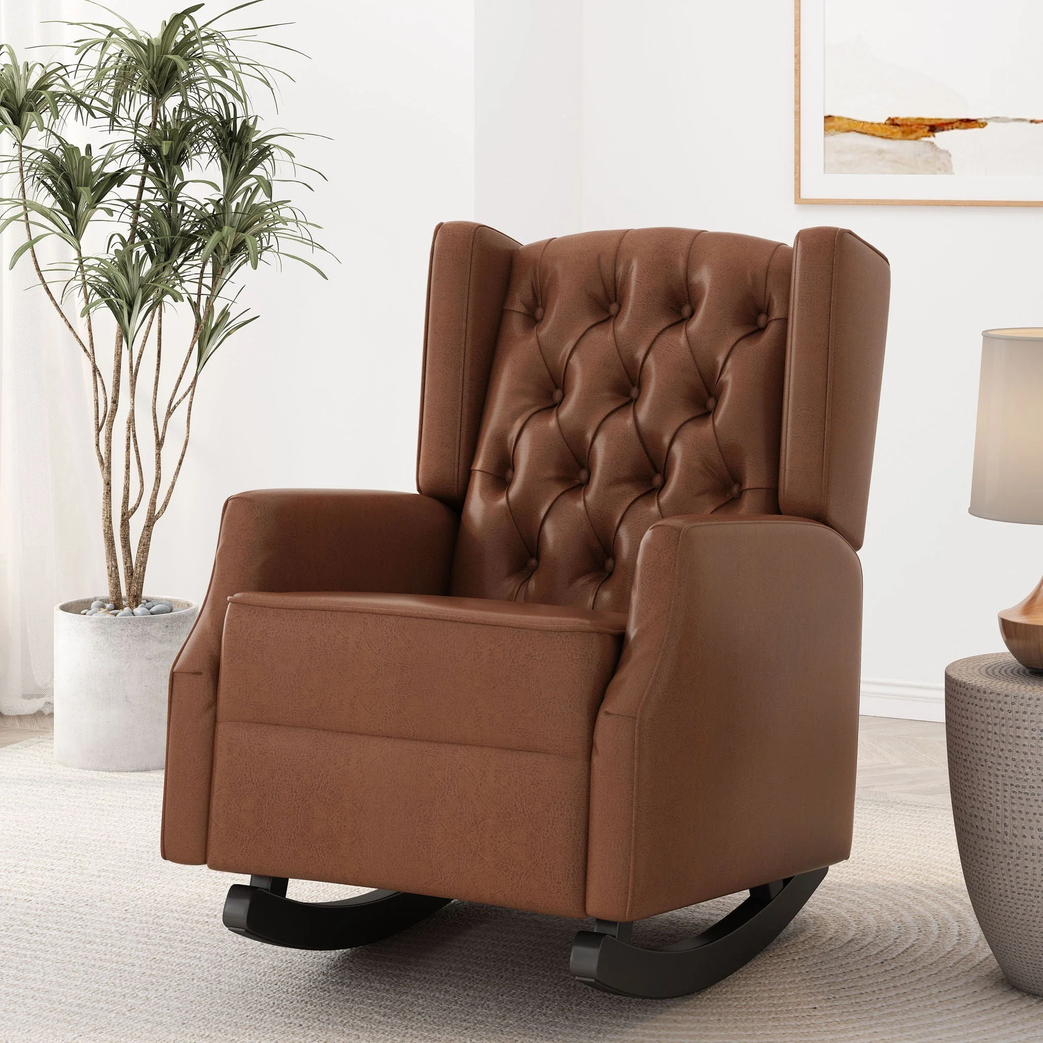 Moss Upholstered Rocking Recliner with Diamond Tufting and Wingback – Light Brown - Image 2