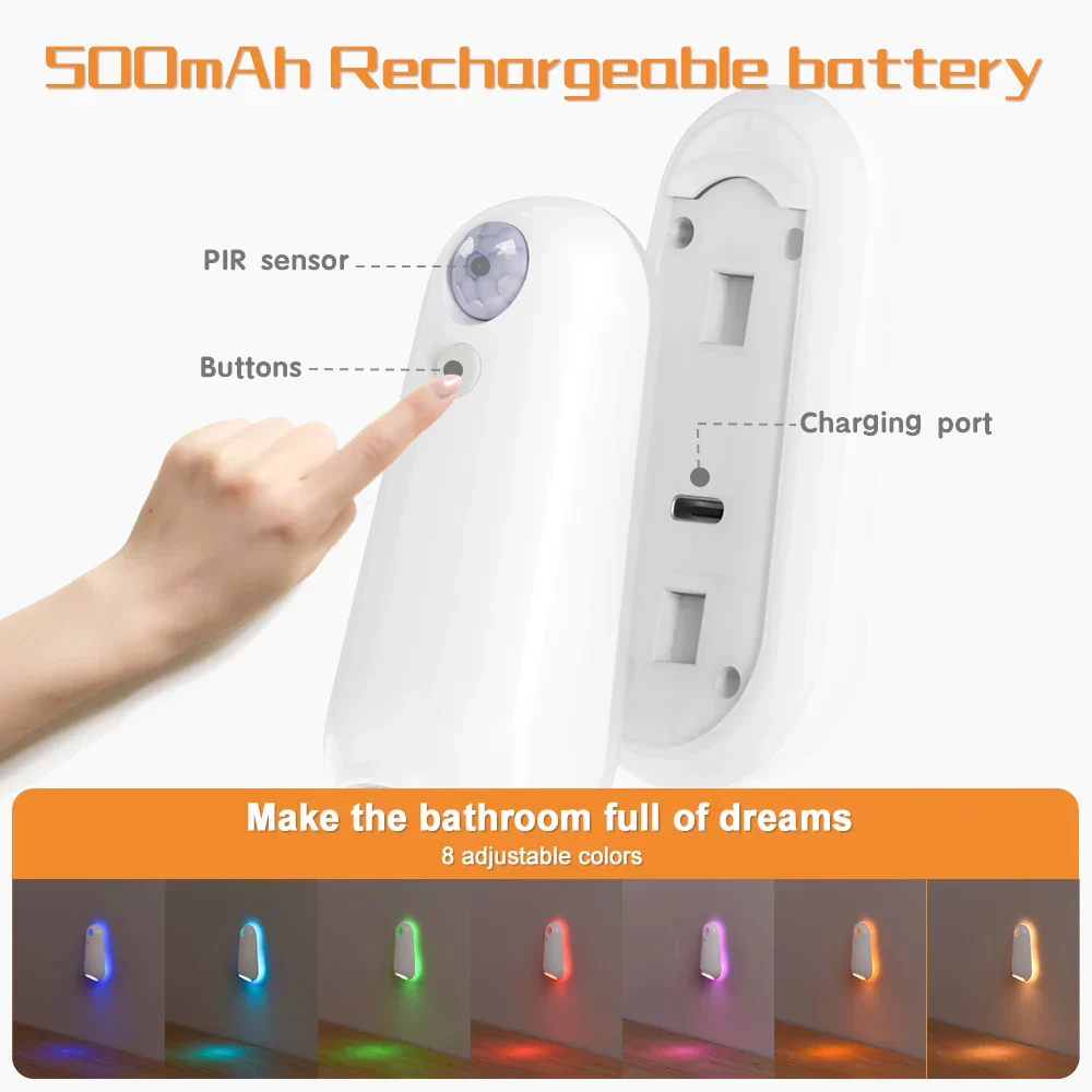 Motion Sensor Toilet Night Light RGB LED Bowl Light Rechargeable Bathroom Decor Lamp - Image 5
