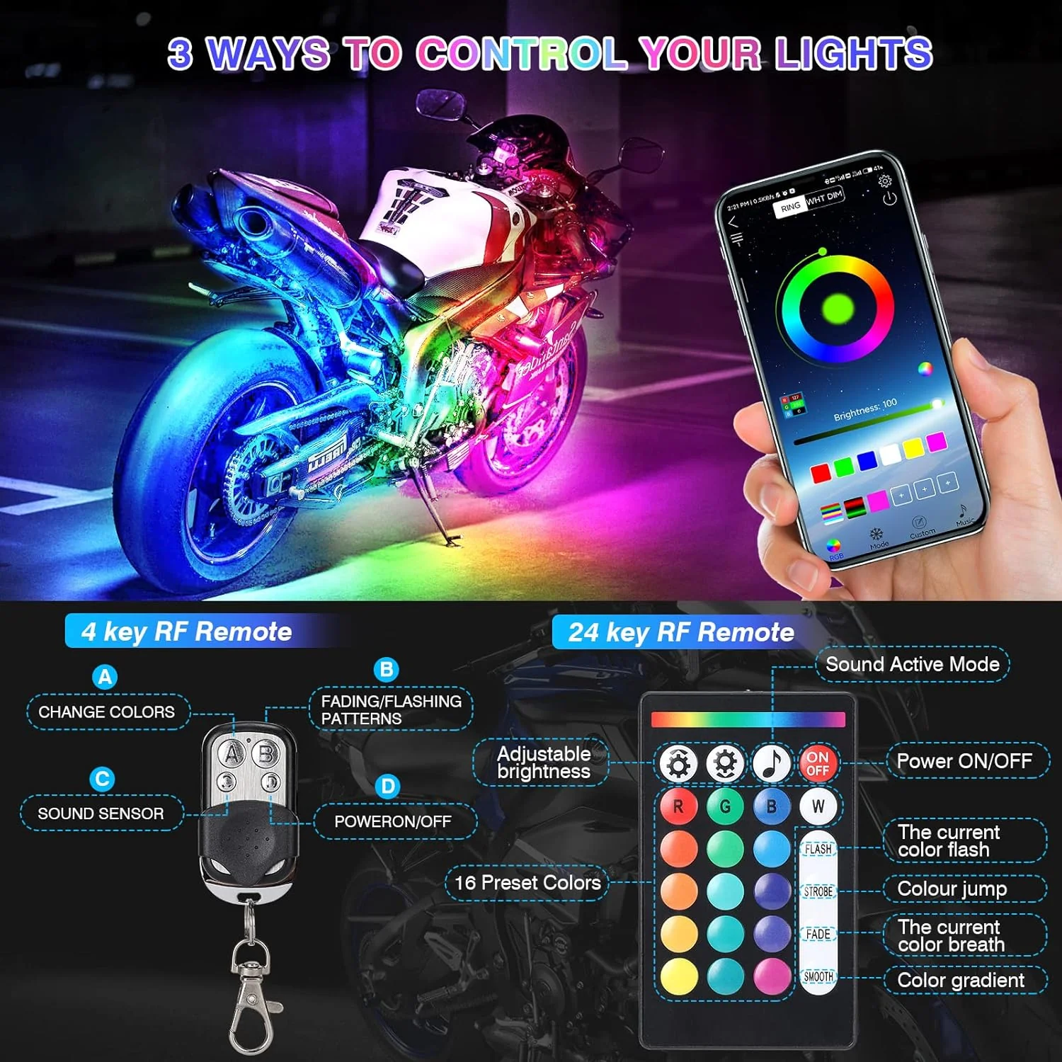 Motorcycle RGB LED Light Kit 12PCS Bluetooth Underglow with Brake & Turn Signal - Image 2
