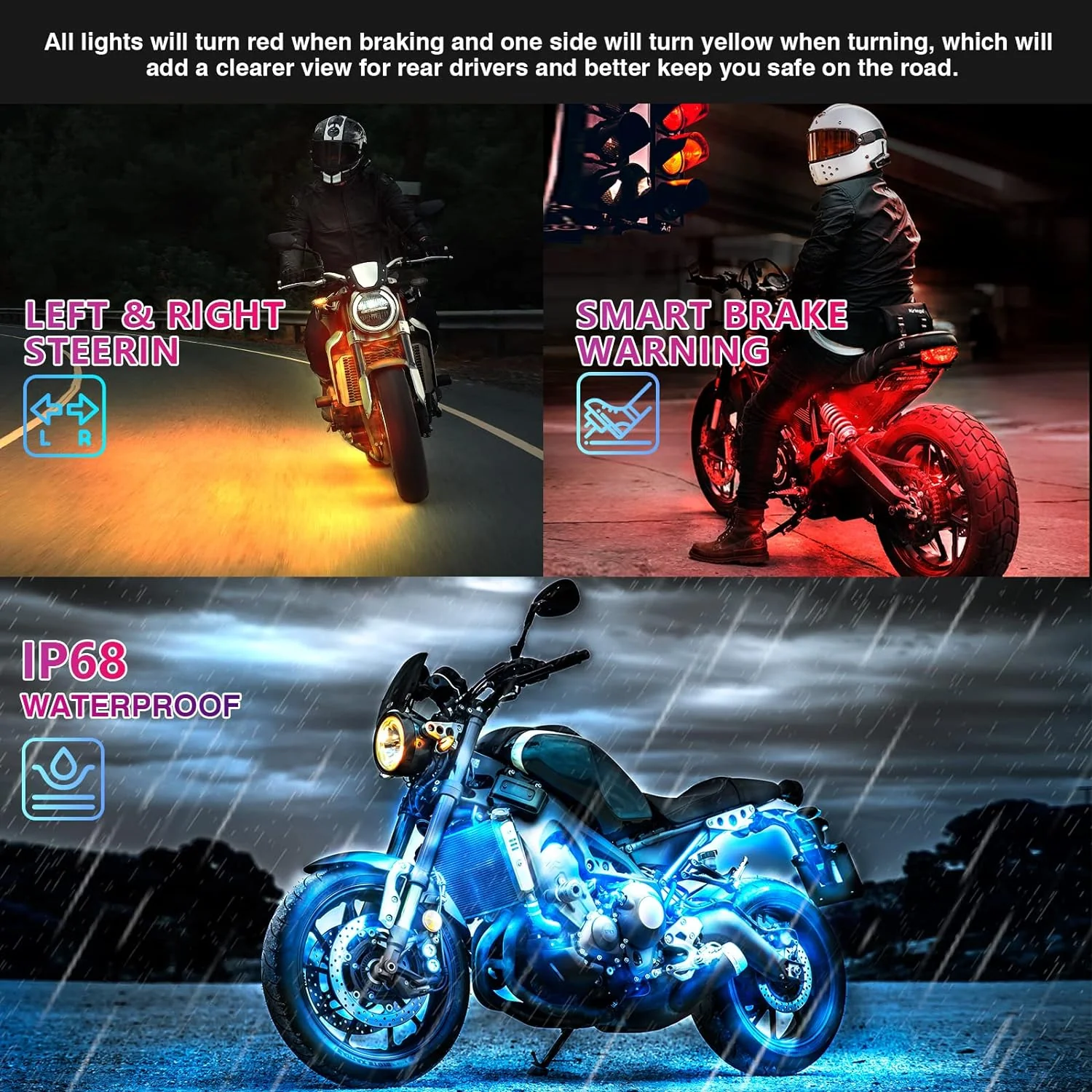 Motorcycle RGB LED Light Kit 12PCS Bluetooth Underglow with Brake & Turn Signal - Image 3