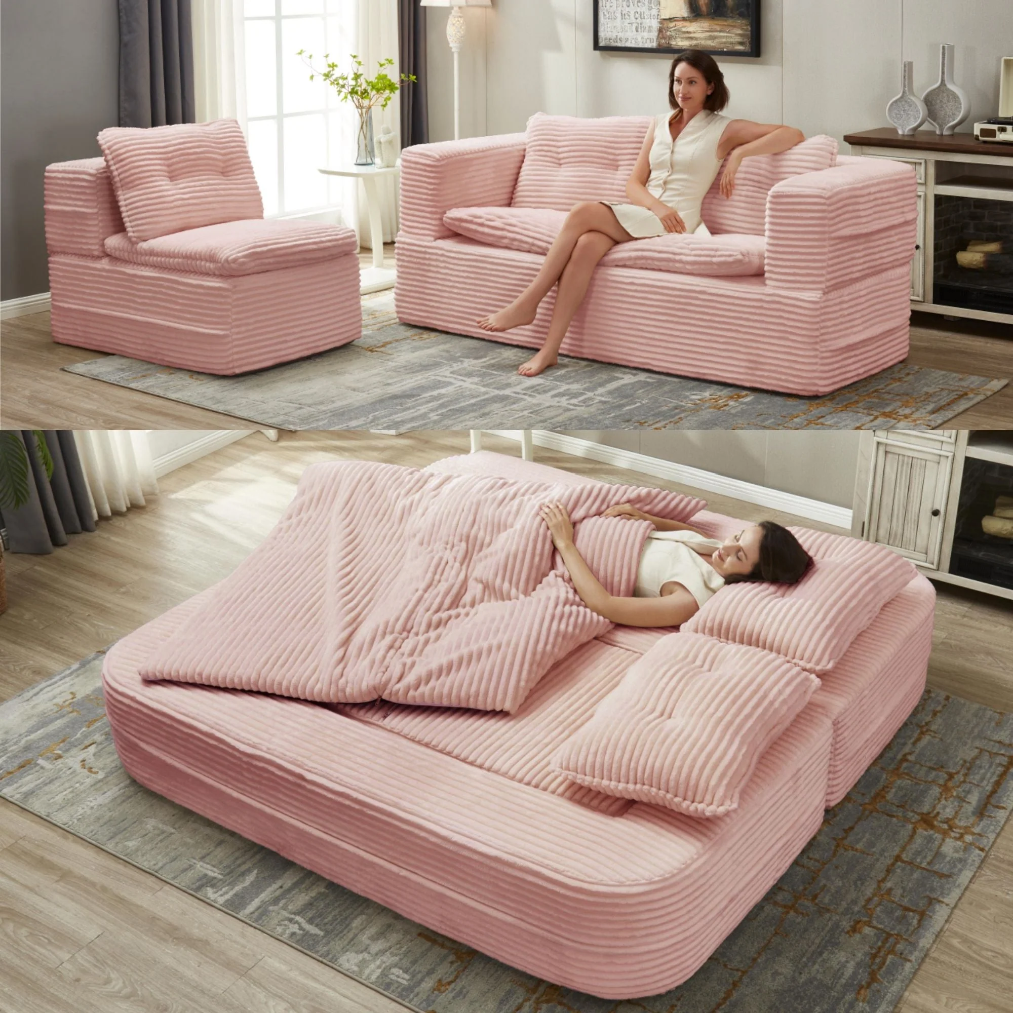 Multi Functional Sectional Sofa Bed With Independent Chaise Lounge And Functional Blanket, Convertible King Size Bed, Deep Seat - Baby Pink - Image 2