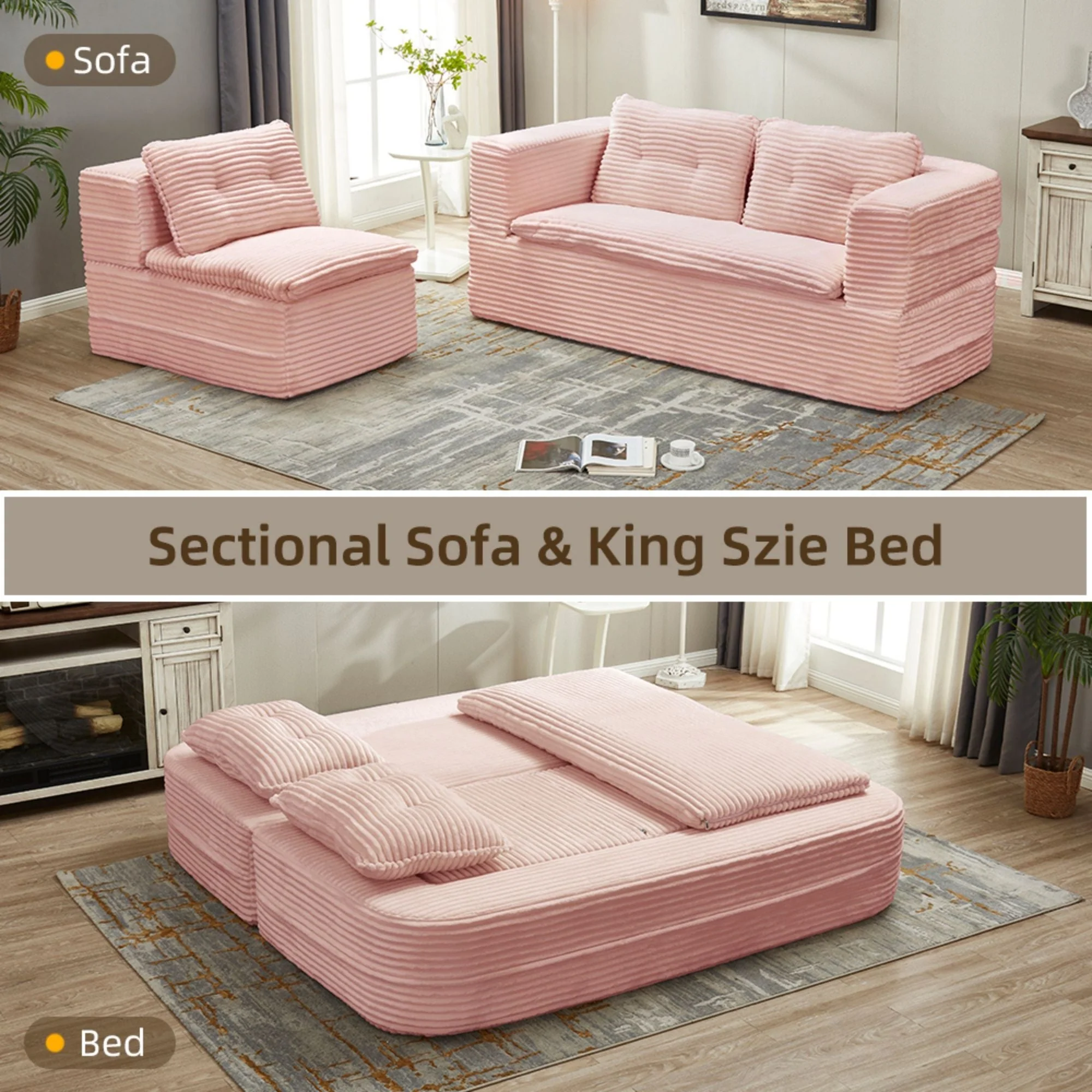 Multi Functional Sectional Sofa Bed With Independent Chaise Lounge And Functional Blanket, Convertible King Size Bed, Deep Seat - Baby Pink - Image 3