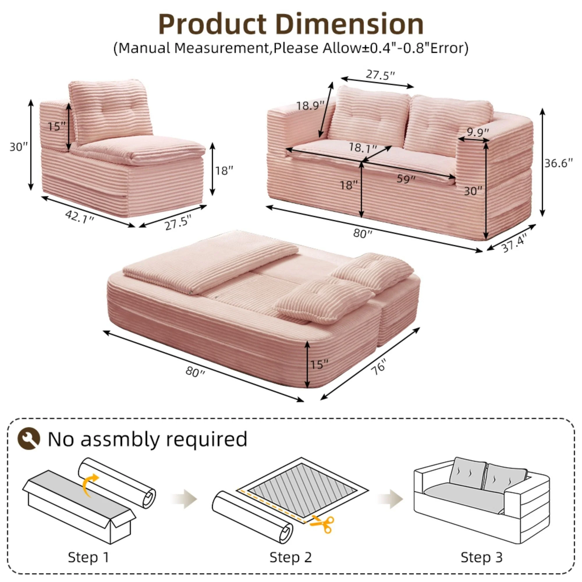 Multi Functional Sectional Sofa Bed With Independent Chaise Lounge And Functional Blanket, Convertible King Size Bed, Deep Seat - Baby Pink - Image 4