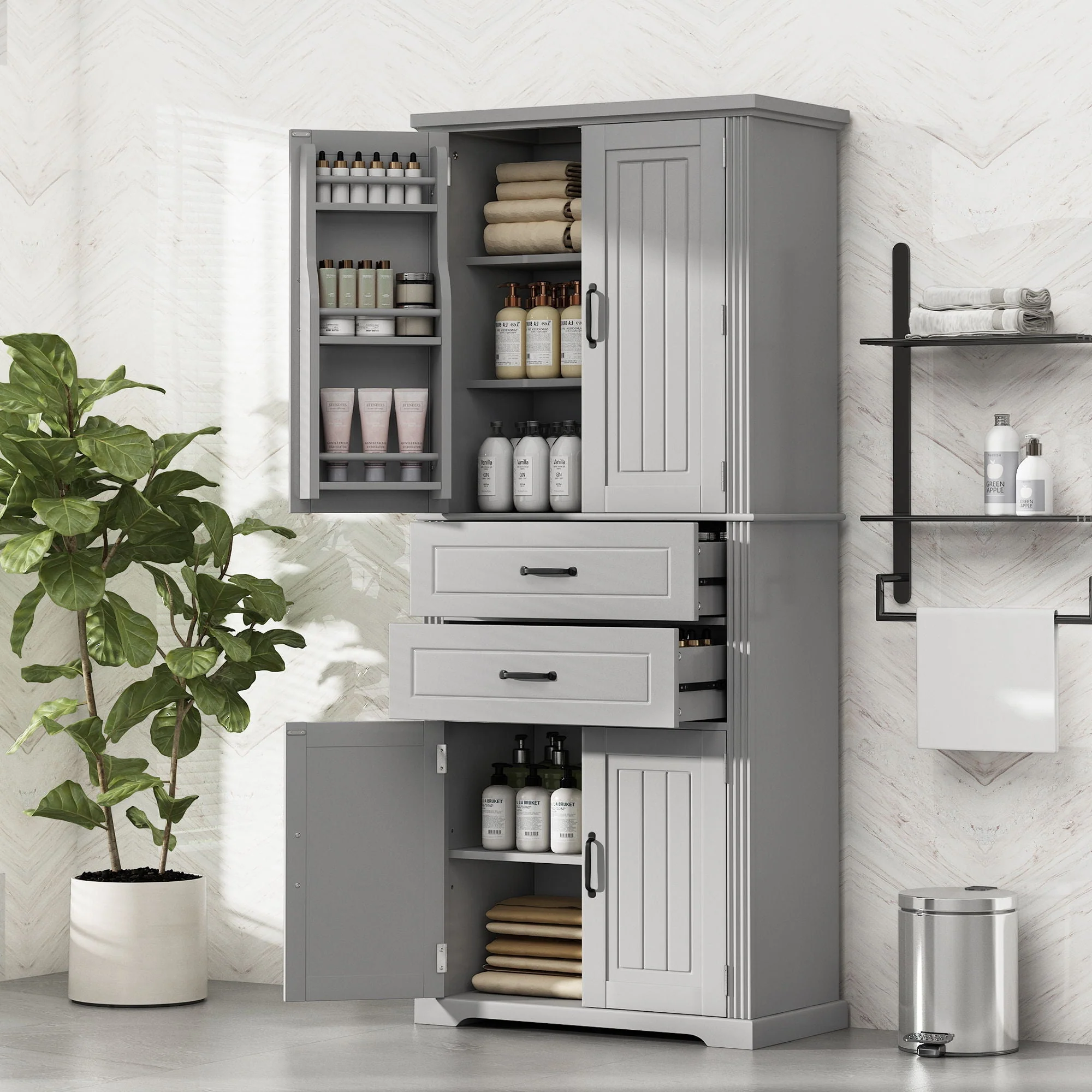 Multi Functional Storage Cabinet With Adjustable Shelves, 2 Drawers, Door Shelves - Image 10