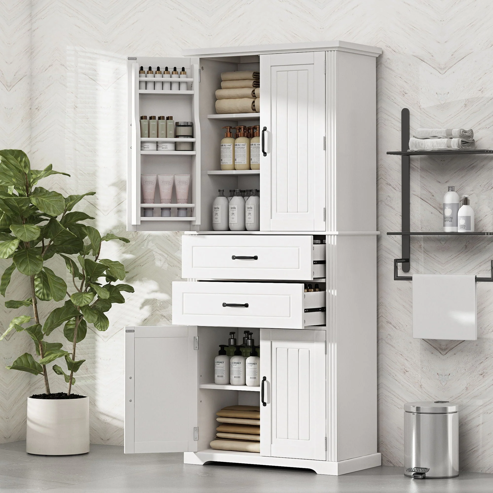 Multi Functional Storage Cabinet With Adjustable Shelves, 2 Drawers, Door Shelves - Image 11