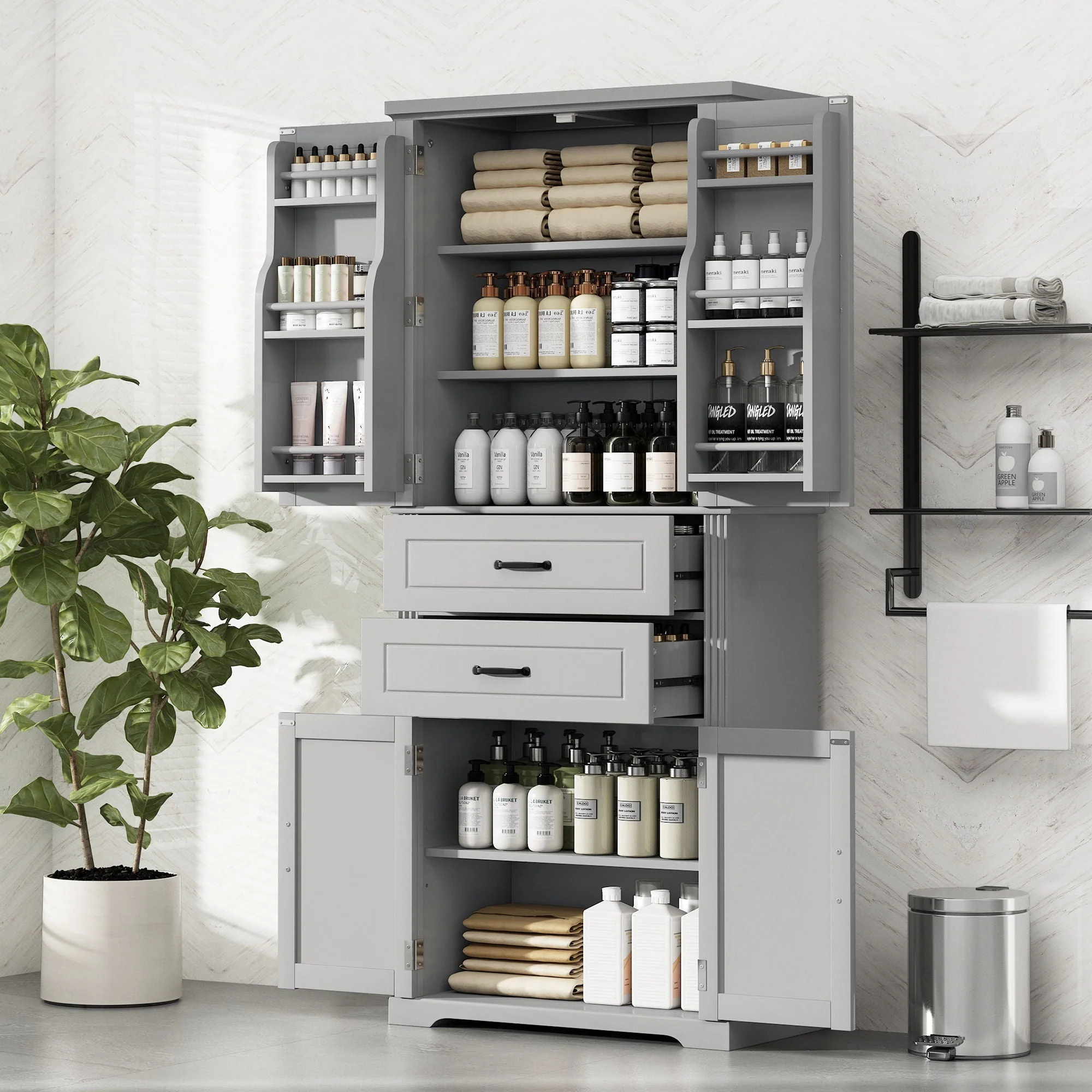 Multi Functional Storage Cabinet With Adjustable Shelves, 2 Drawers, Door Shelves - Image 12