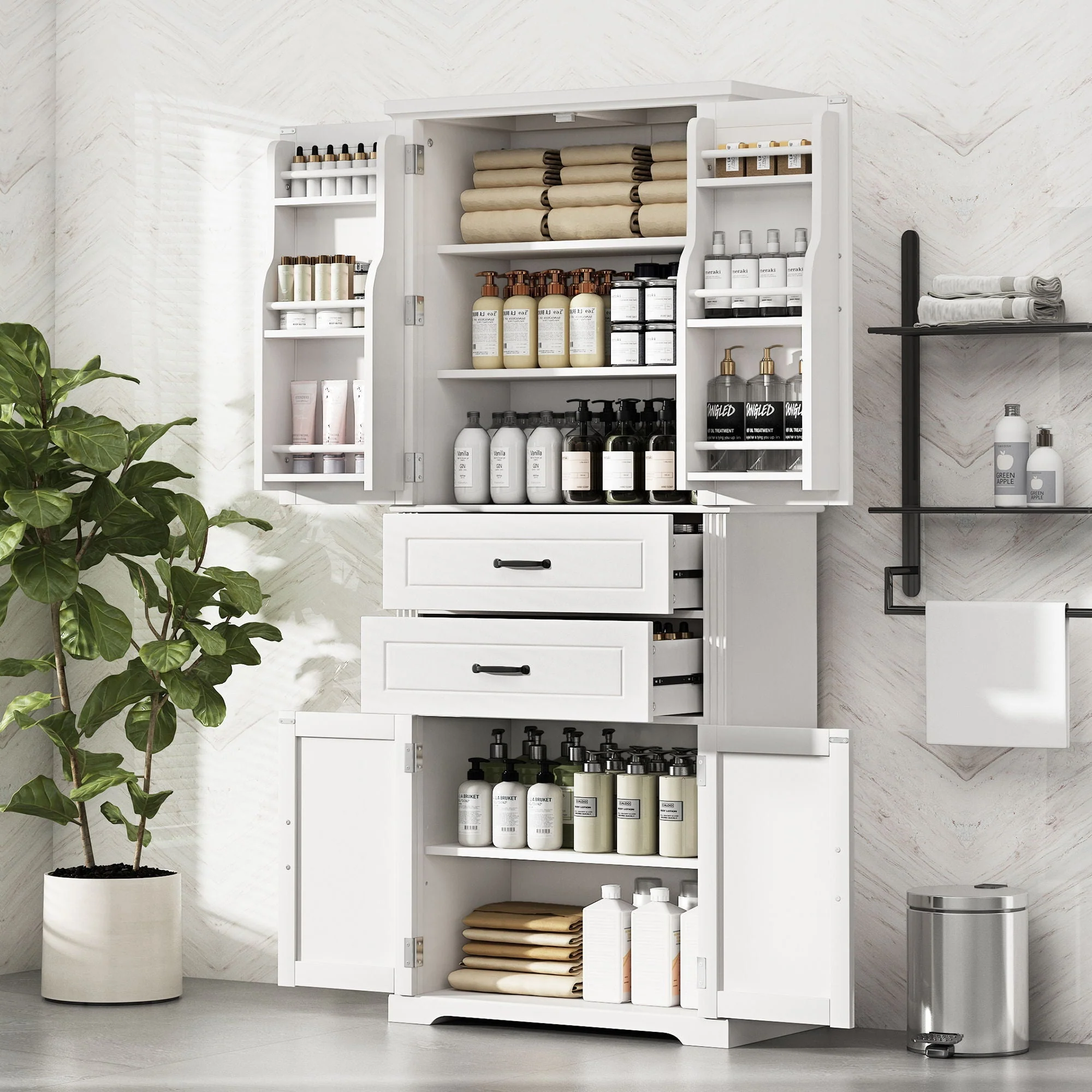 Multi Functional Storage Cabinet With Adjustable Shelves, 2 Drawers, Door Shelves - Image 4
