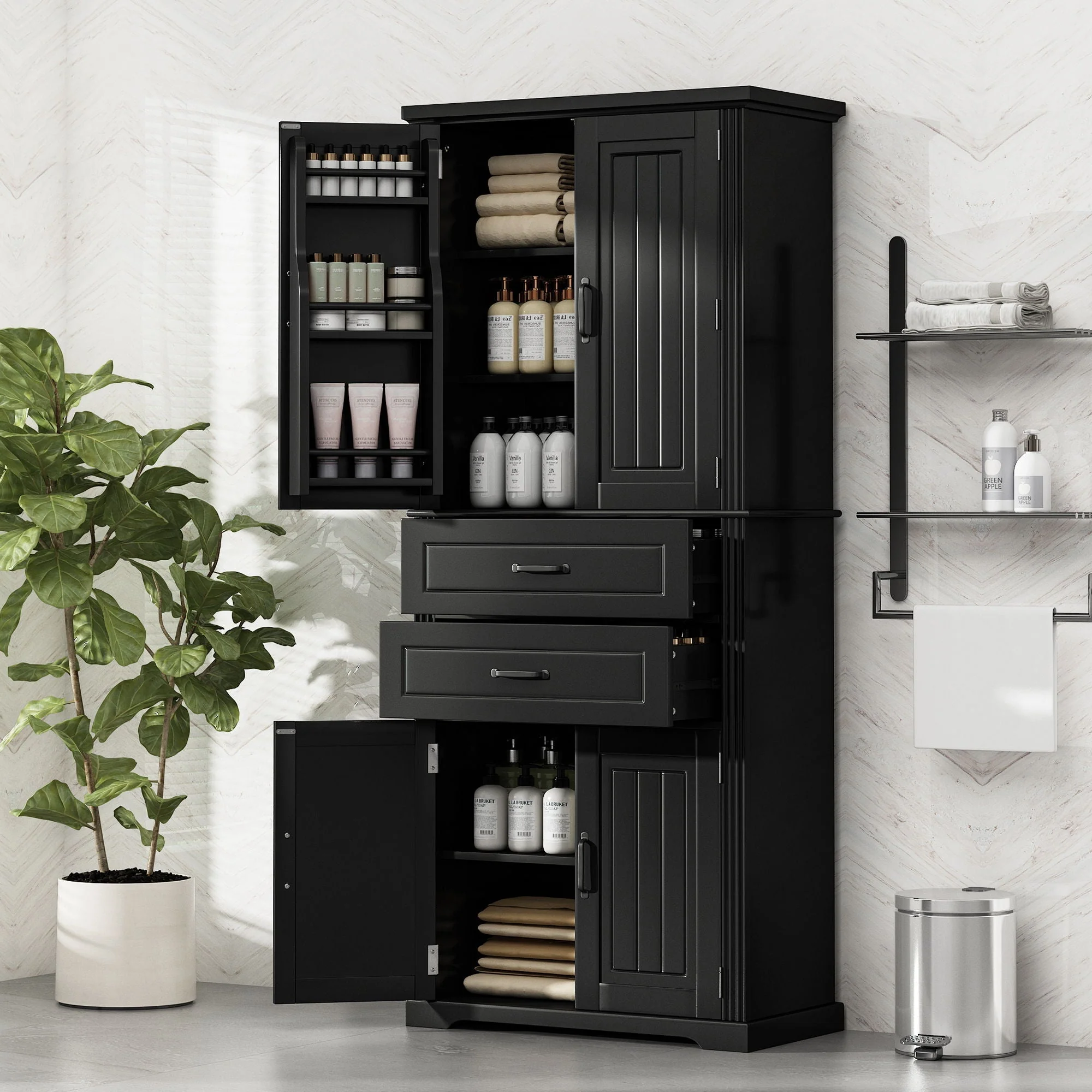 Multi Functional Storage Cabinet With Adjustable Shelves, 2 Drawers, Door Shelves - Image 7