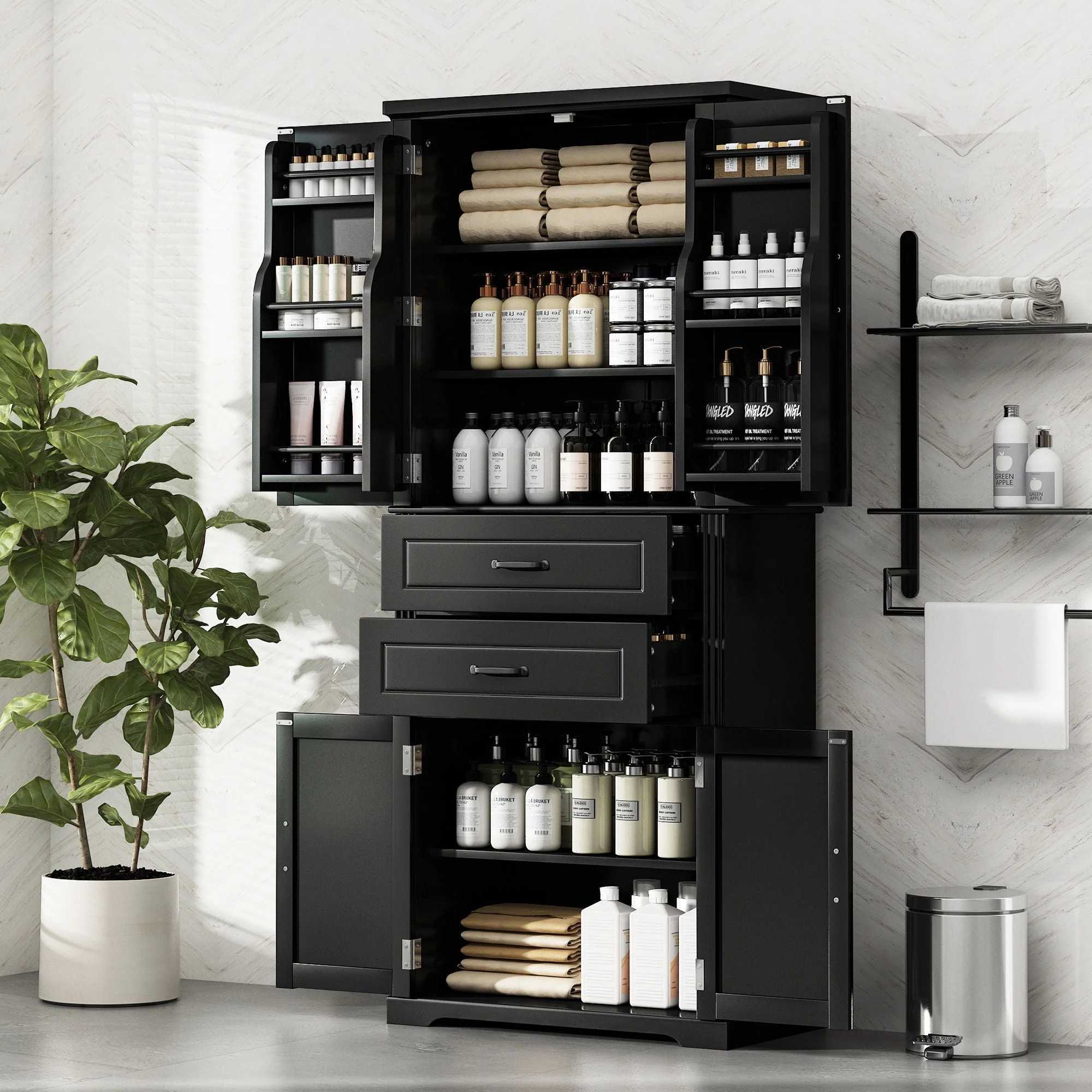 Multi Functional Storage Cabinet With Adjustable Shelves, 2 Drawers, Door Shelves - Image 9