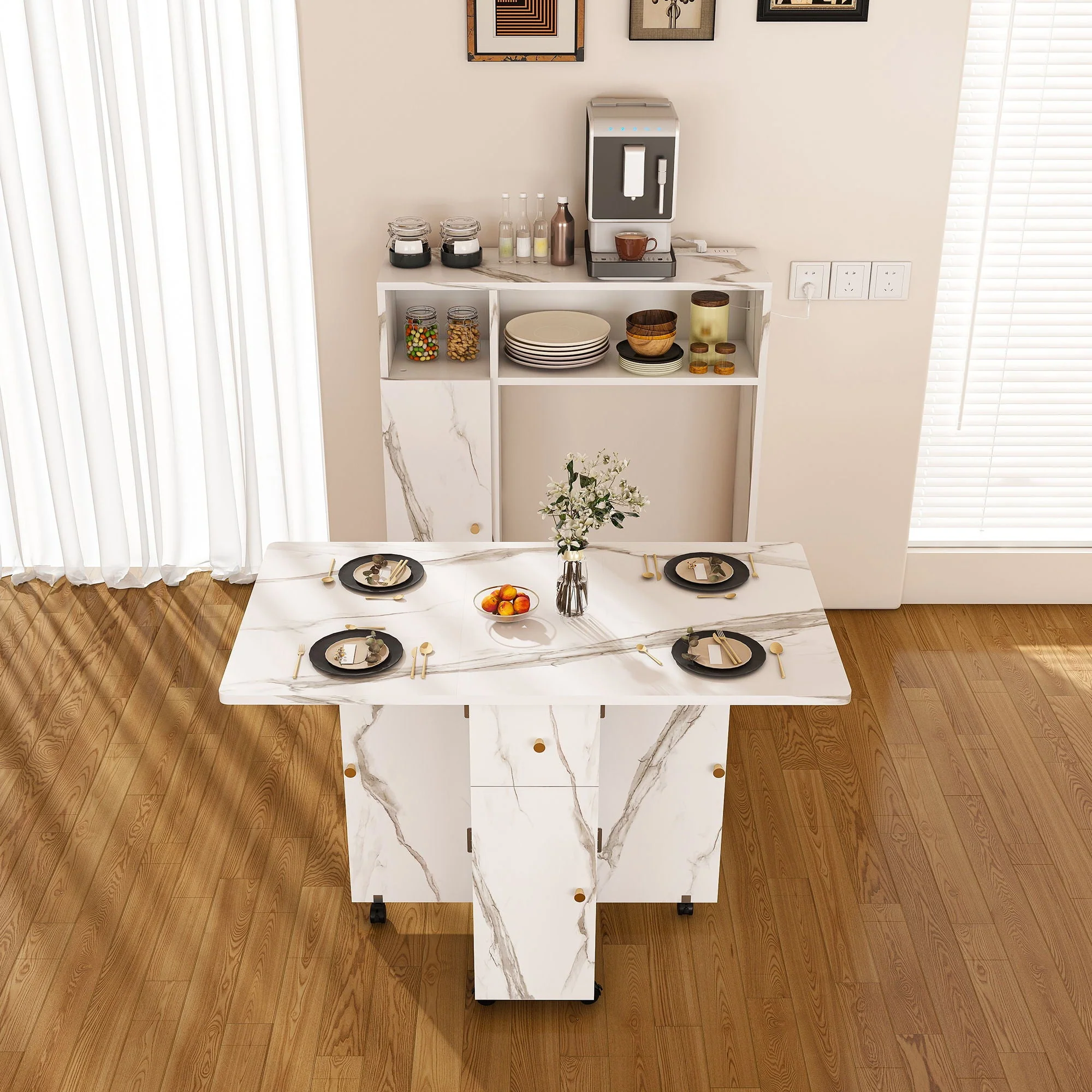 Multifunctional Folding Dining Table With Wall-Mounted Sideboard & Storage - Image 2