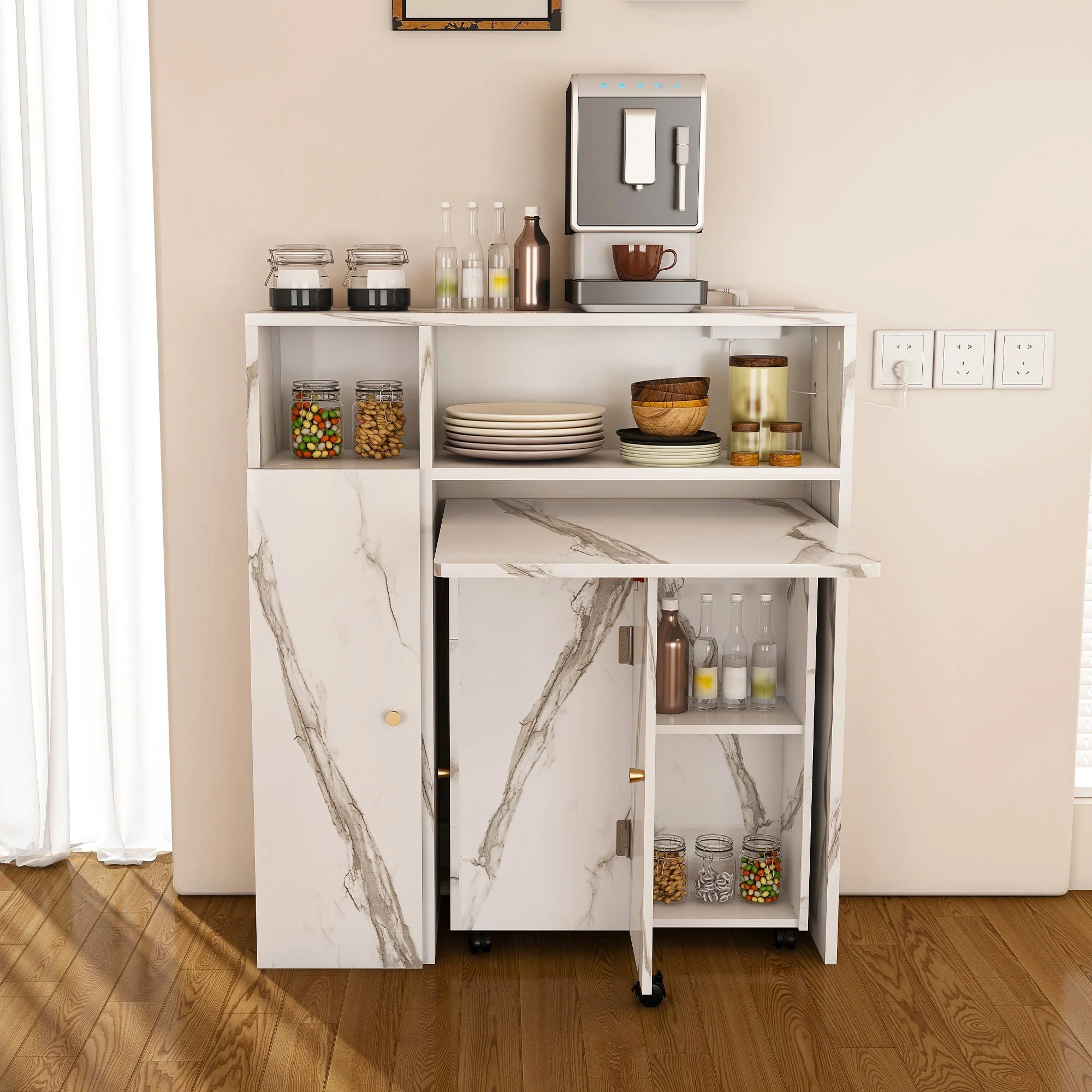 Multifunctional Folding Dining Table With Wall-Mounted Sideboard & Storage - Image 3