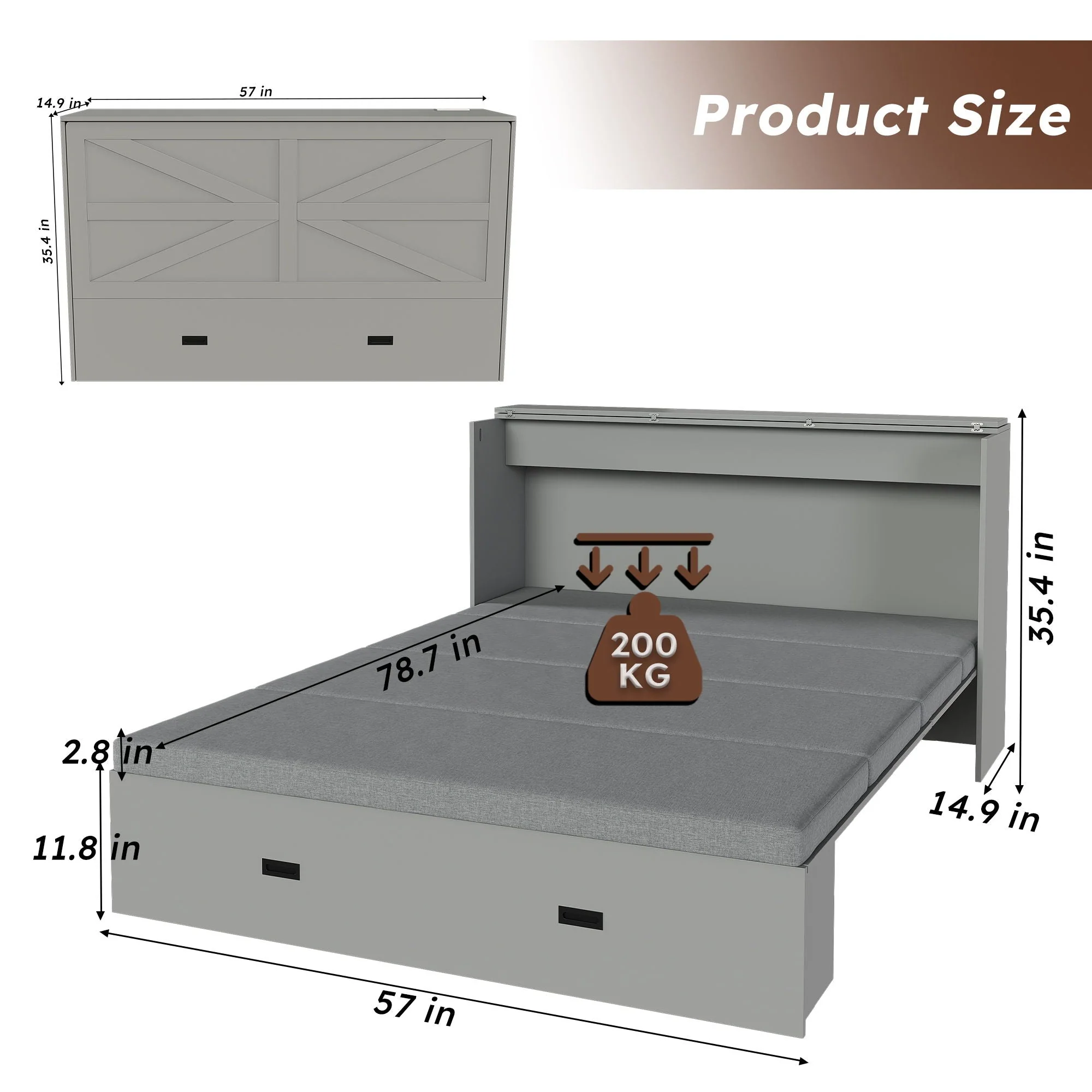 Murphy Bed With Storage Drawers And Charging Cabinet, Foldable Panels, Swivel Wheels - Image 10