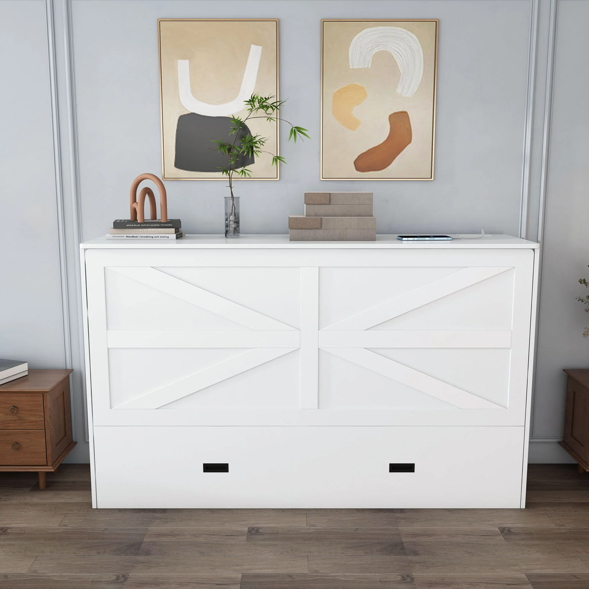 Murphy Bed With Storage Drawers And Charging Cabinet, Foldable Panels, Swivel Wheels - Image 11