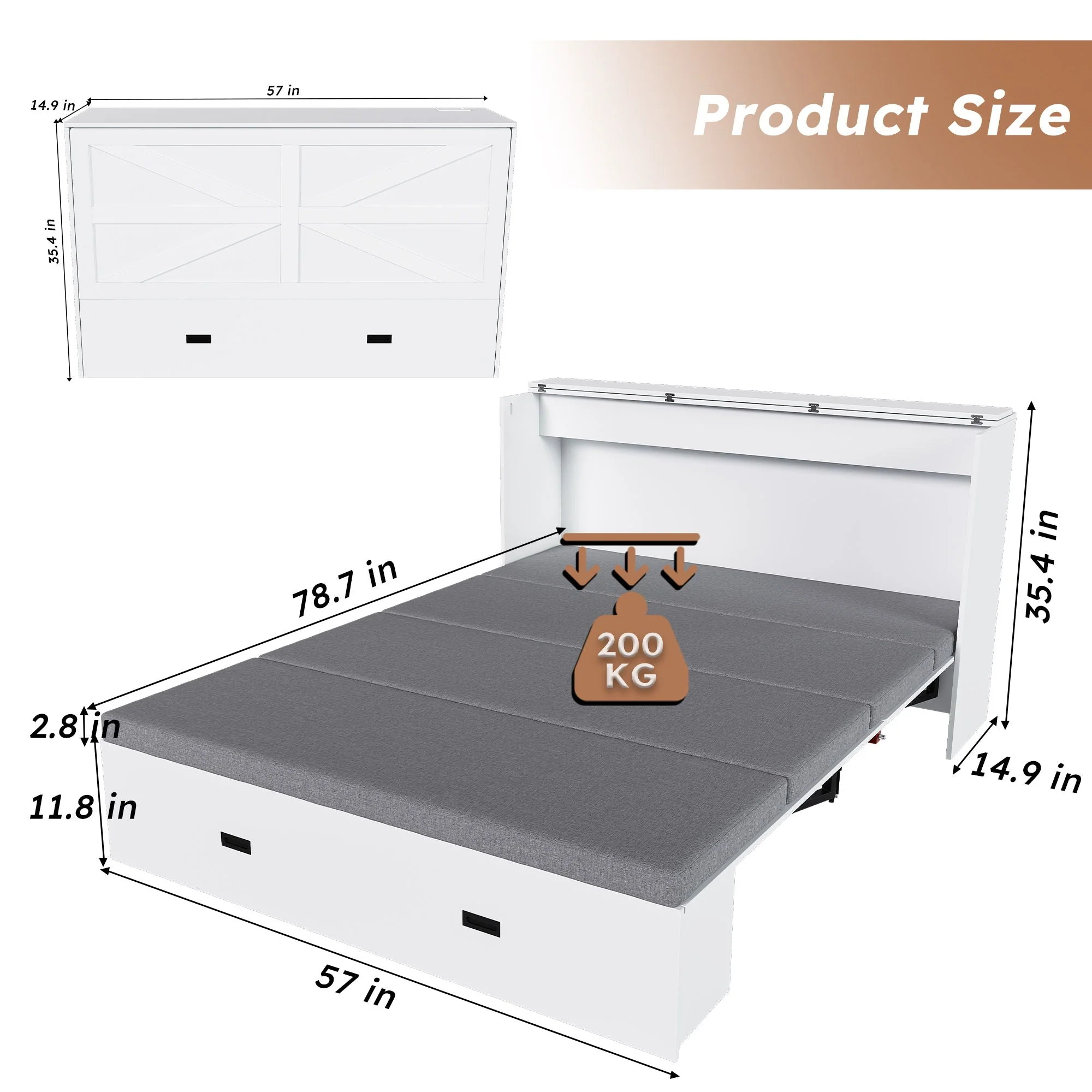 Murphy Bed With Storage Drawers And Charging Cabinet, Foldable Panels, Swivel Wheels - Image 12