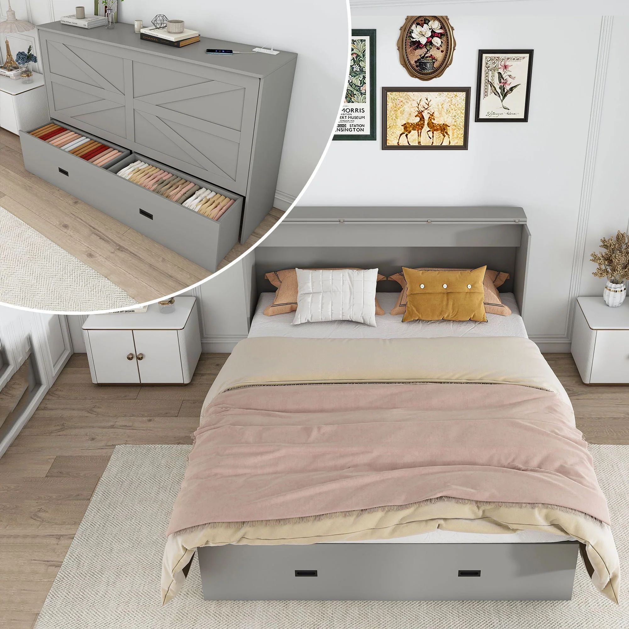 Murphy Bed With Storage Drawers And Charging Cabinet, Foldable Panels, Swivel Wheels - Image 4