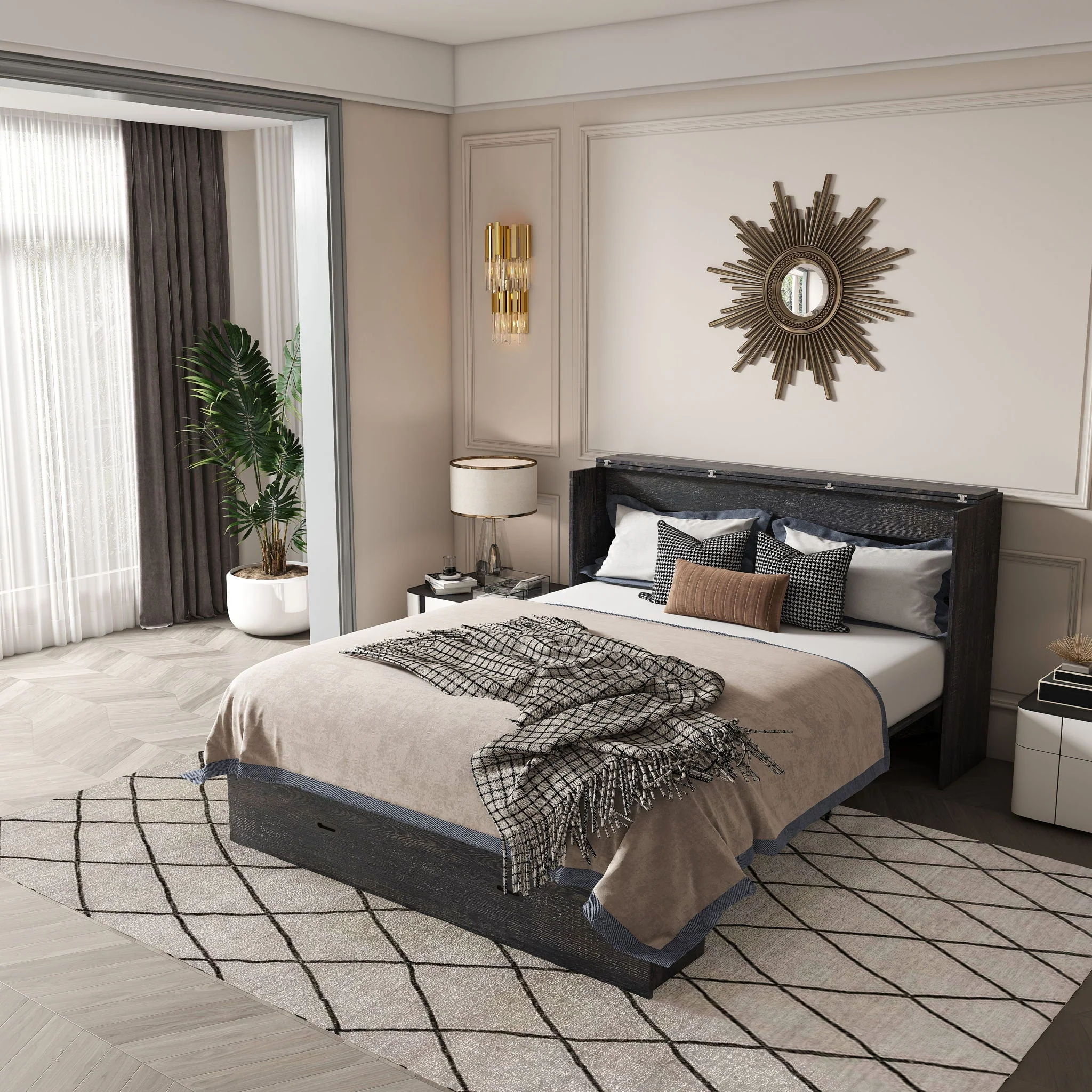 Murphy Bed With Storage Drawers And Charging Cabinet, Foldable Panels, Swivel Wheels - Image 6