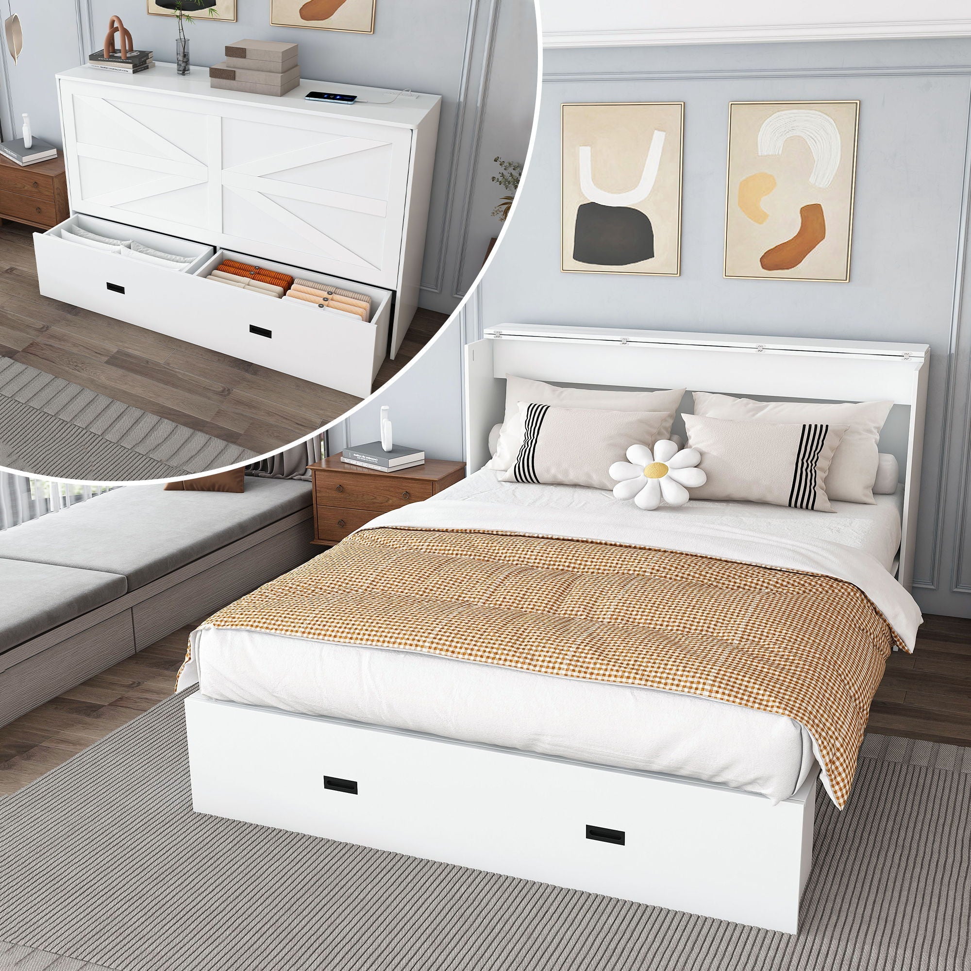 Murphy Bed With Storage Drawers And Charging Cabinet, Foldable Panels, Swivel Wheels - Image 7