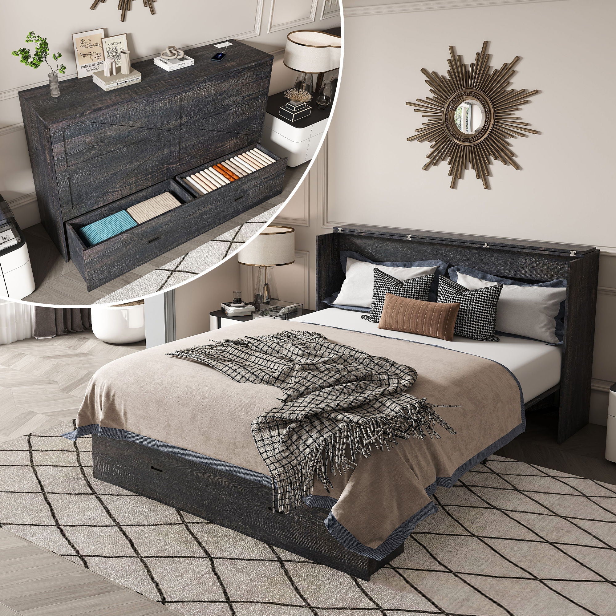 Murphy Bed With Storage Drawers And Charging Cabinet, Foldable Panels, Swivel Wheels - Image 9