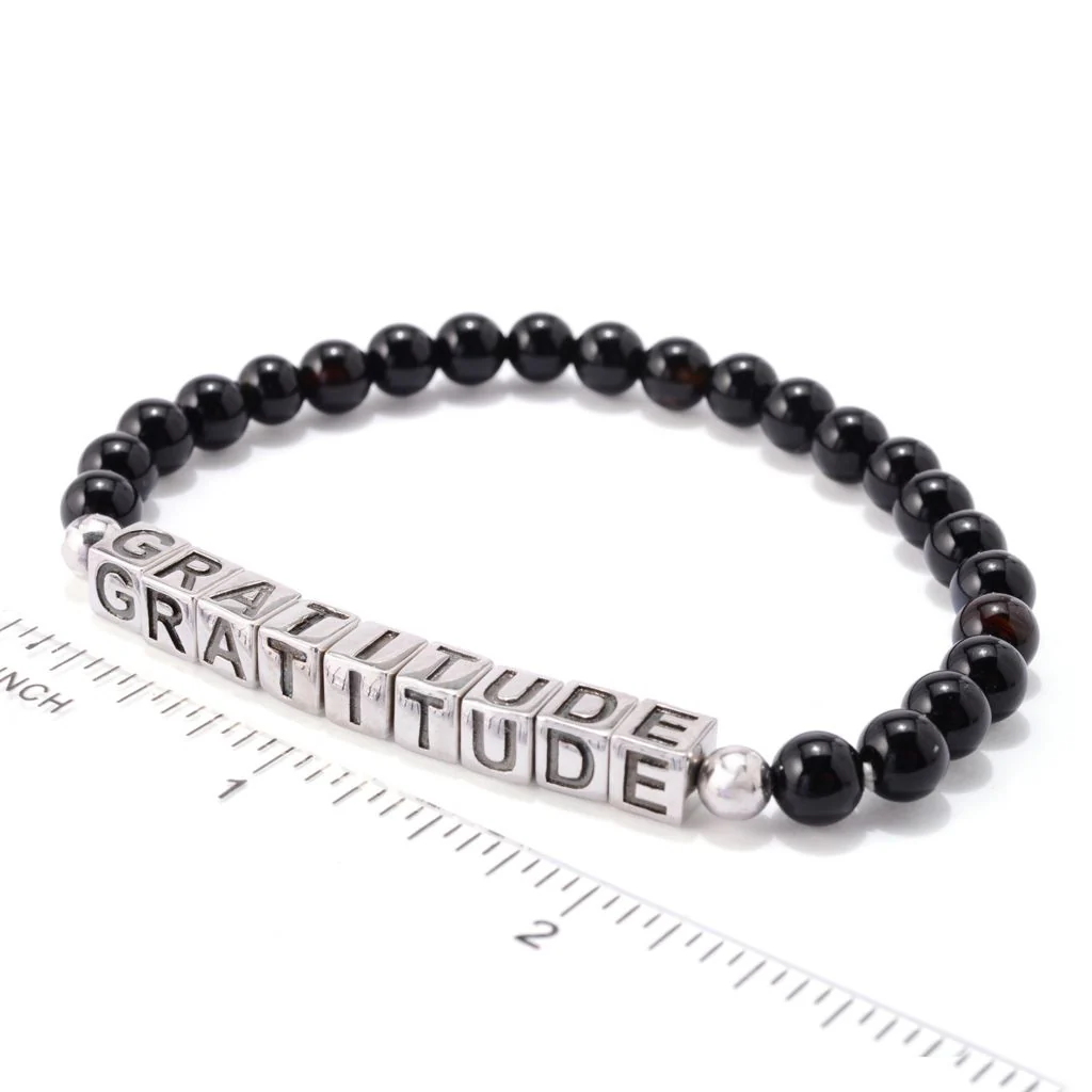 MUSE Platinum Plated Choice of Mantra Black Onyx Bead Stretch Bracelet - Image 2