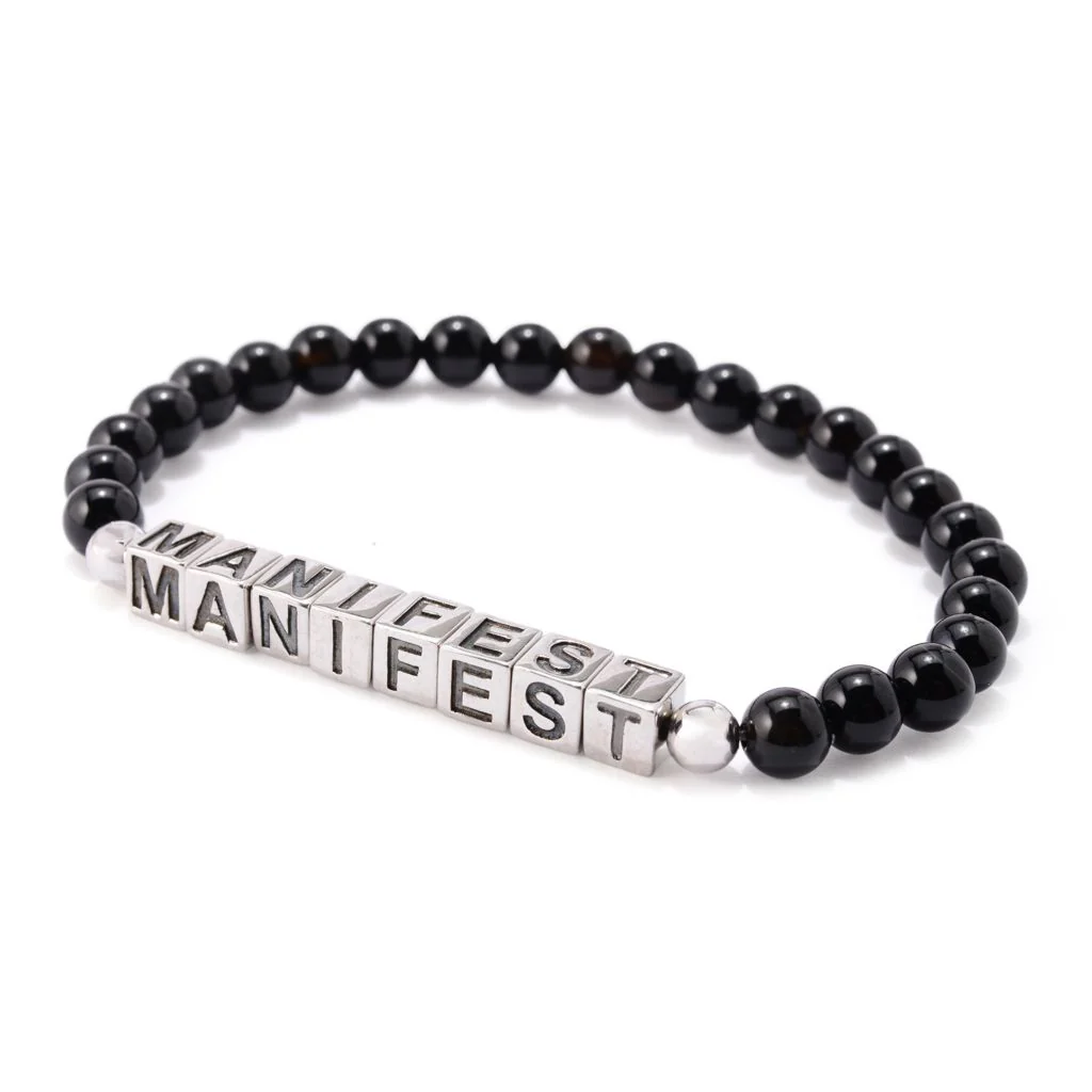 MUSE Platinum Plated Choice of Mantra Black Onyx Bead Stretch Bracelet - Image 3