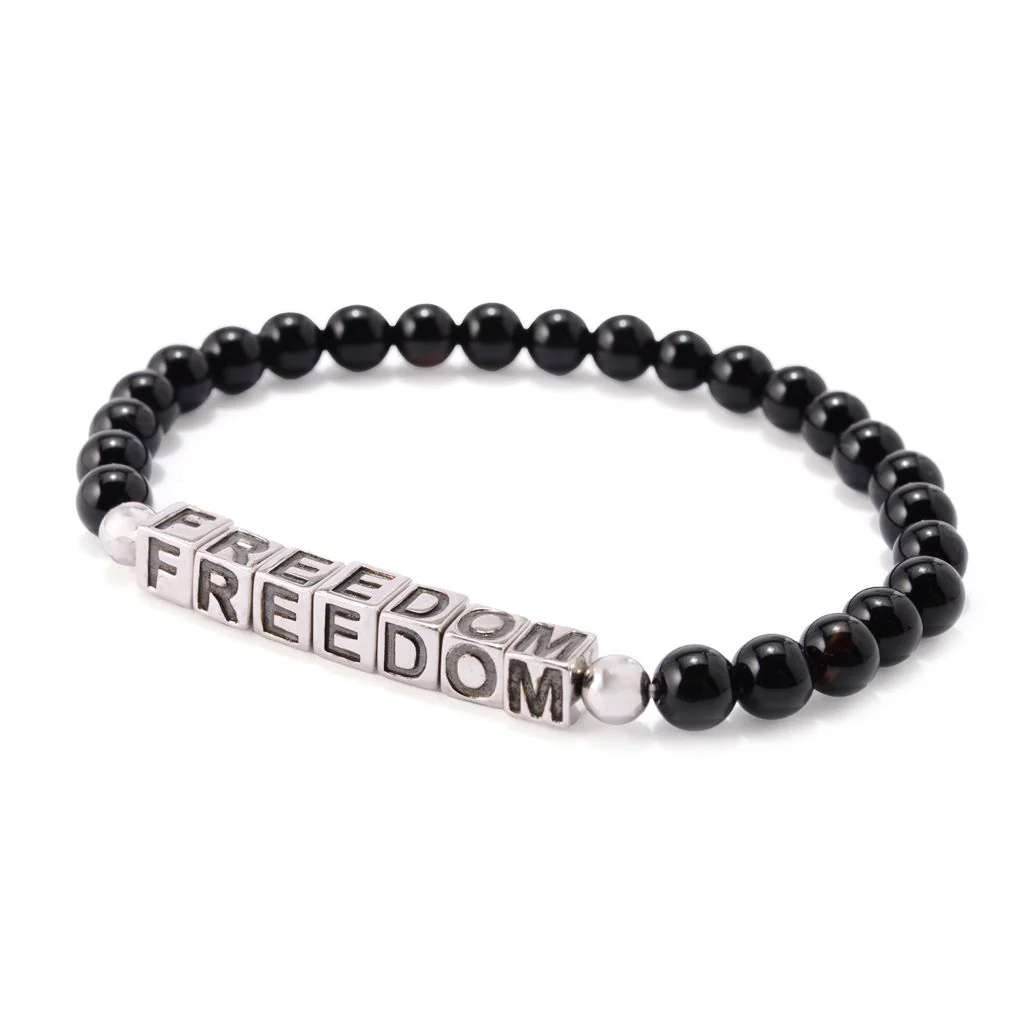 MUSE Platinum Plated Choice of Mantra Black Onyx Bead Stretch Bracelet - Image 6