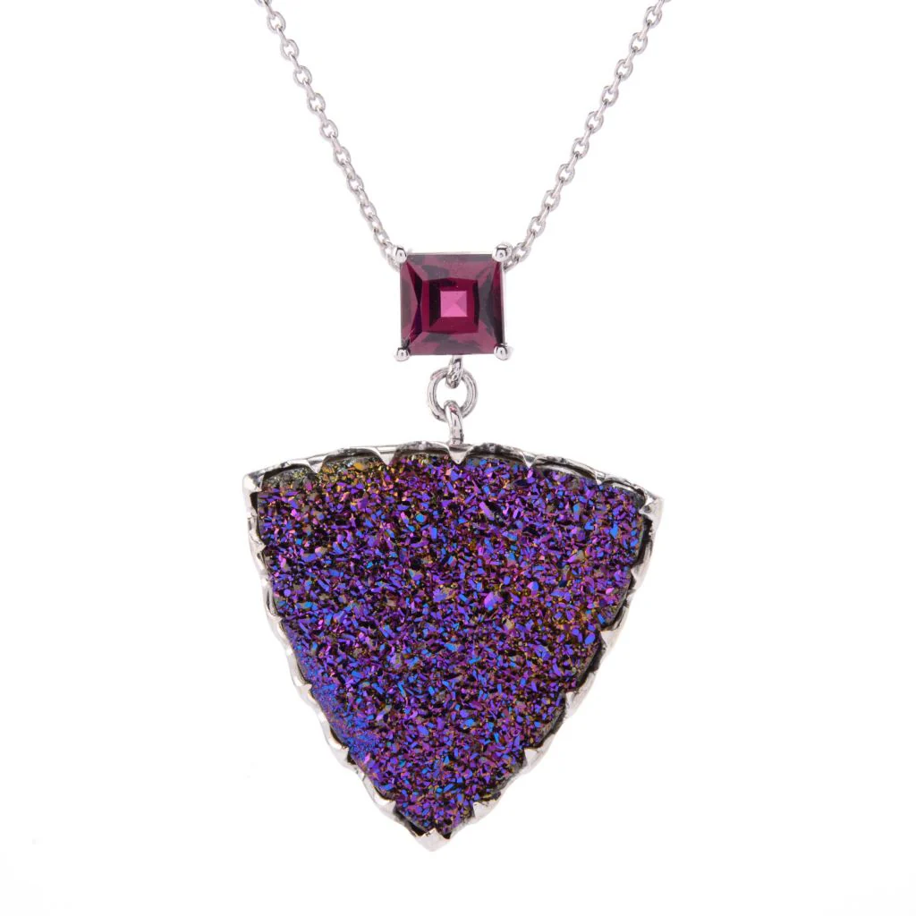 MUSE Sterling Silver 23mm Triangle Pink Drusy & Gem Pendant w/ Chain - Image 3