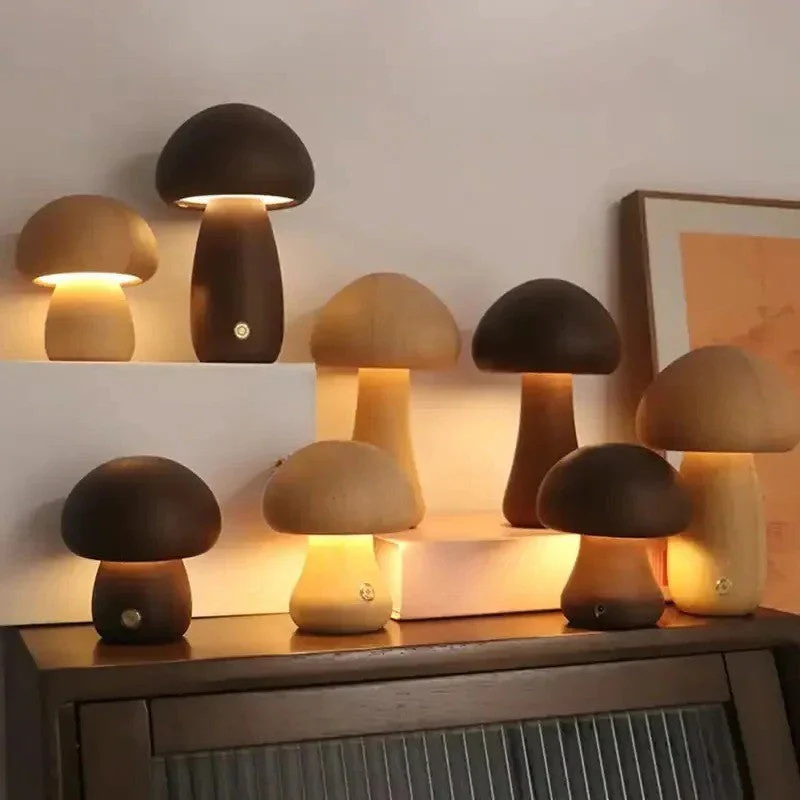 Mushroom Bedside Lamp – Touch-Controlled Dimmable Beech Wood Nightstand Light - Image 2