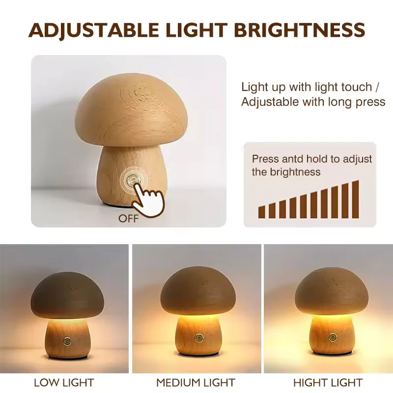 Mushroom Bedside Lamp – Touch-Controlled Dimmable Beech Wood Nightstand Light - Image 3