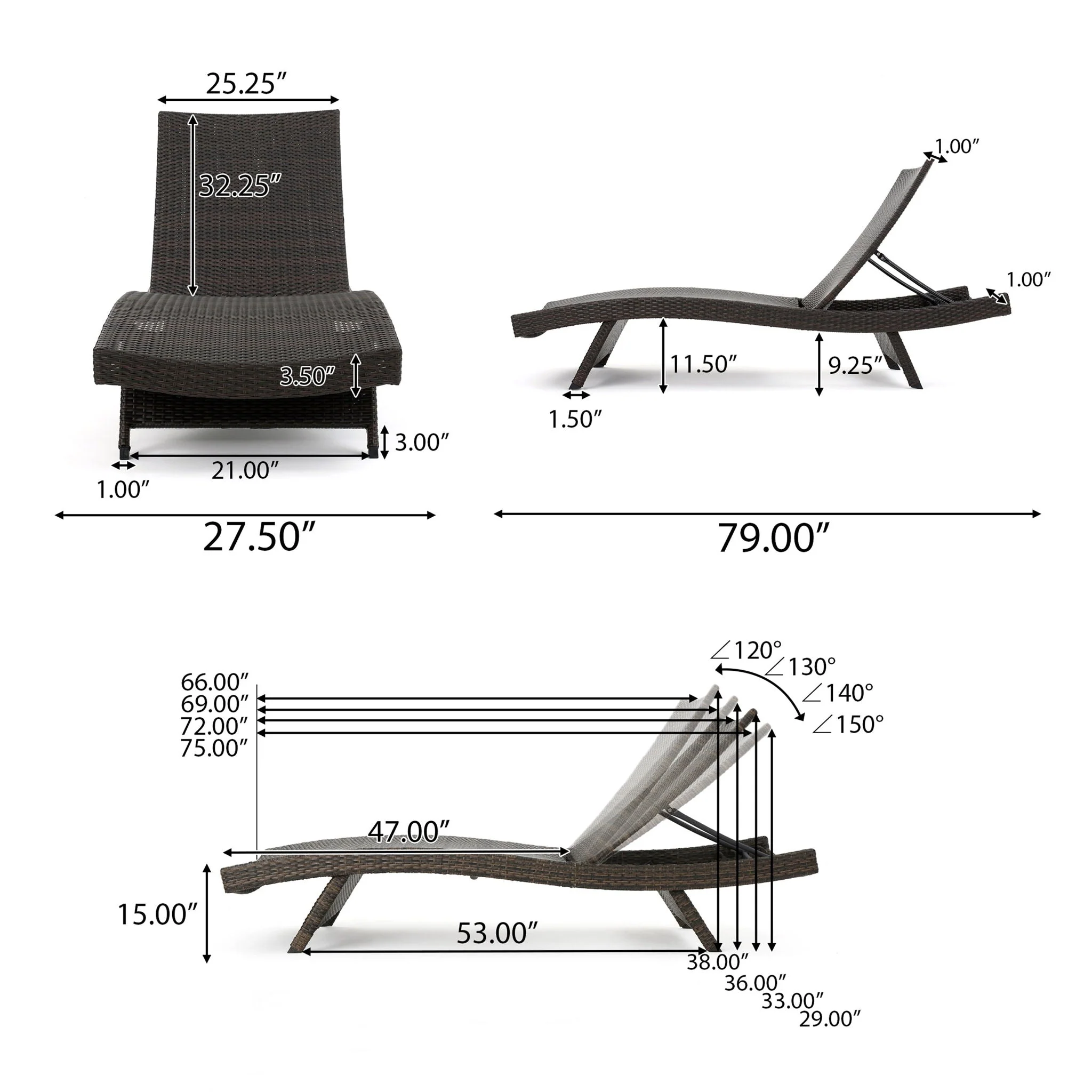 Mysticism Outdoor Chaise Lounge With Adjustable Backrest And Foldable Legs - Brown Multi - Image 3