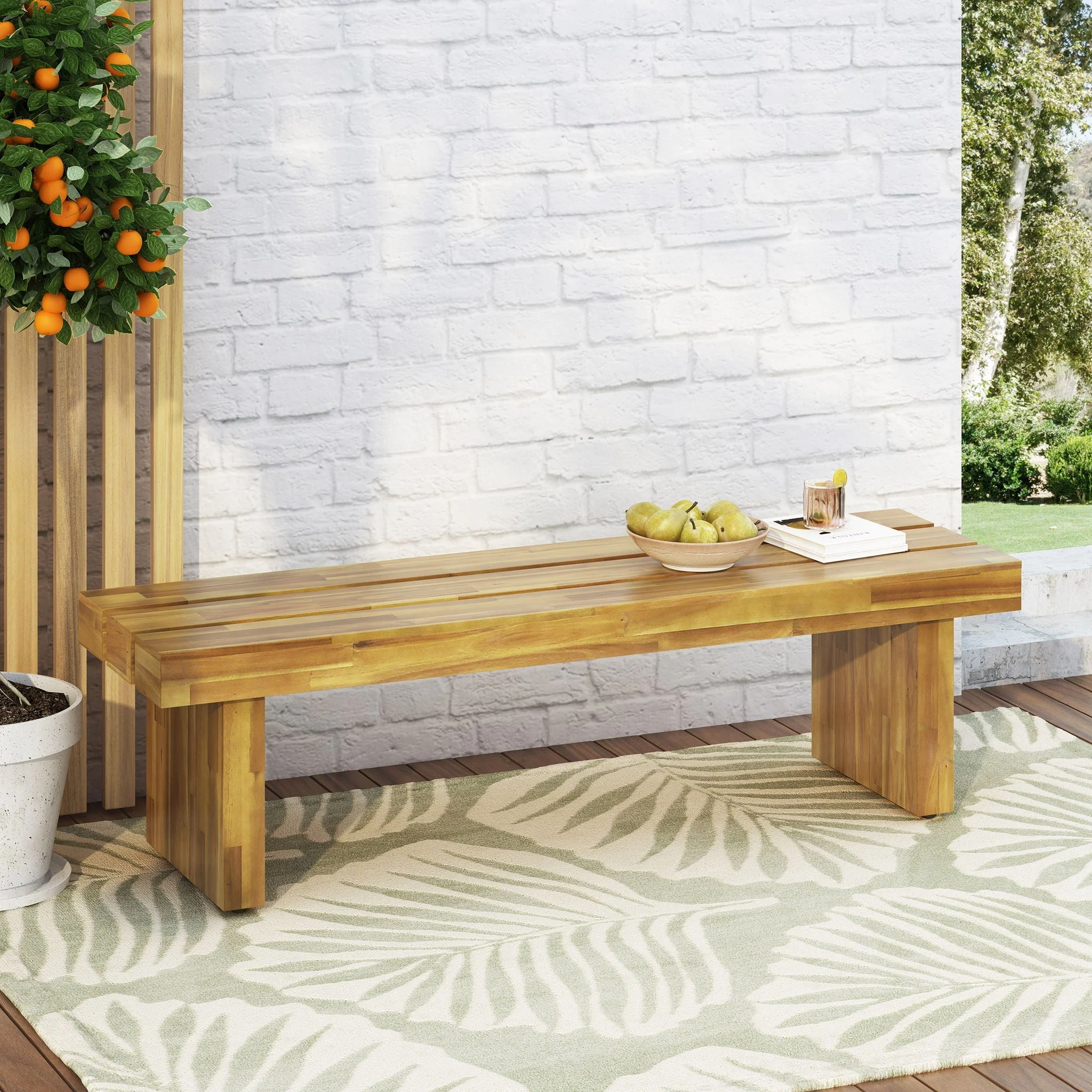 Nahanni Rustic Acacia Wood Bench with Slat Design - Natural - Image 3