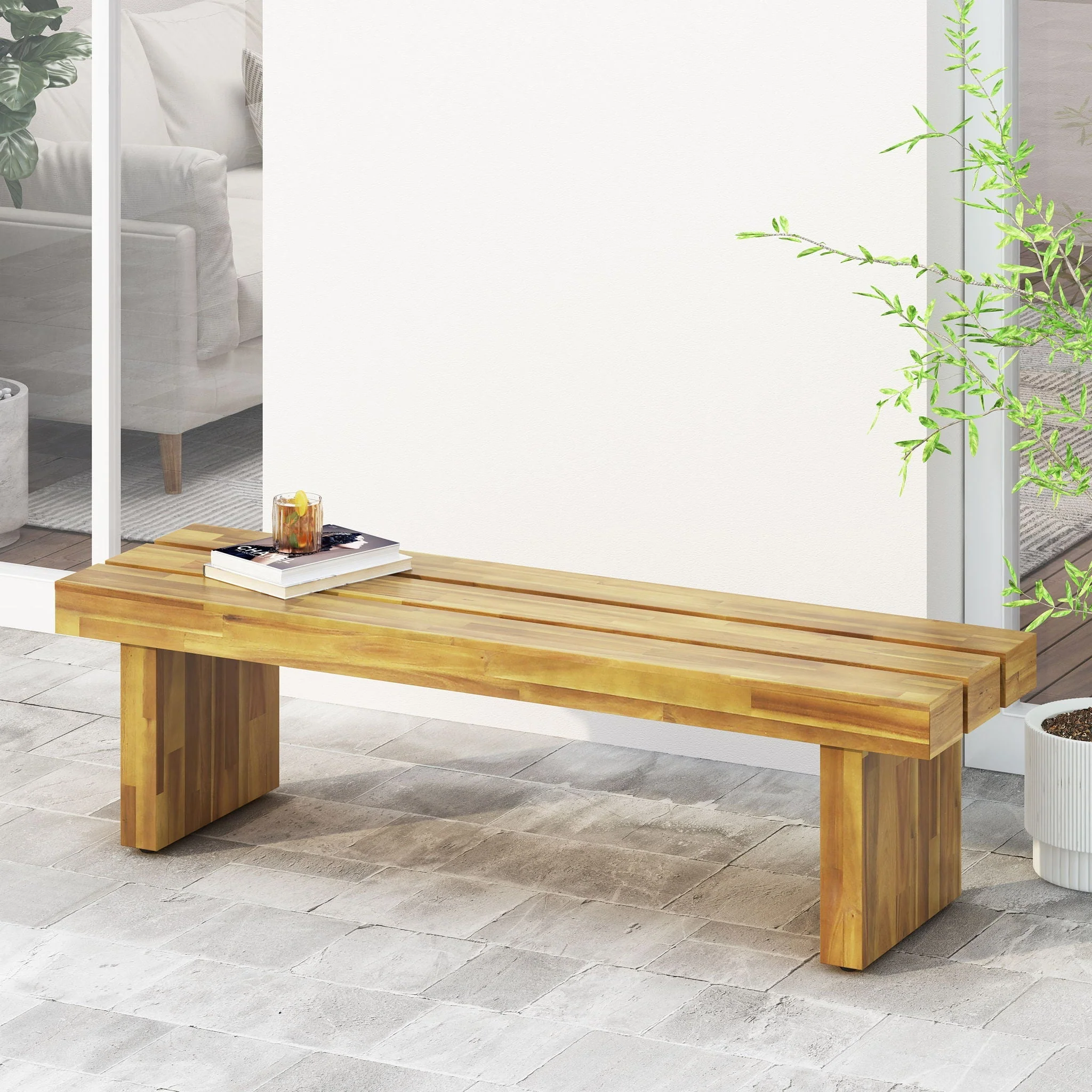 Nahanni Rustic Acacia Wood Bench with Slat Design - Natural - Image 4