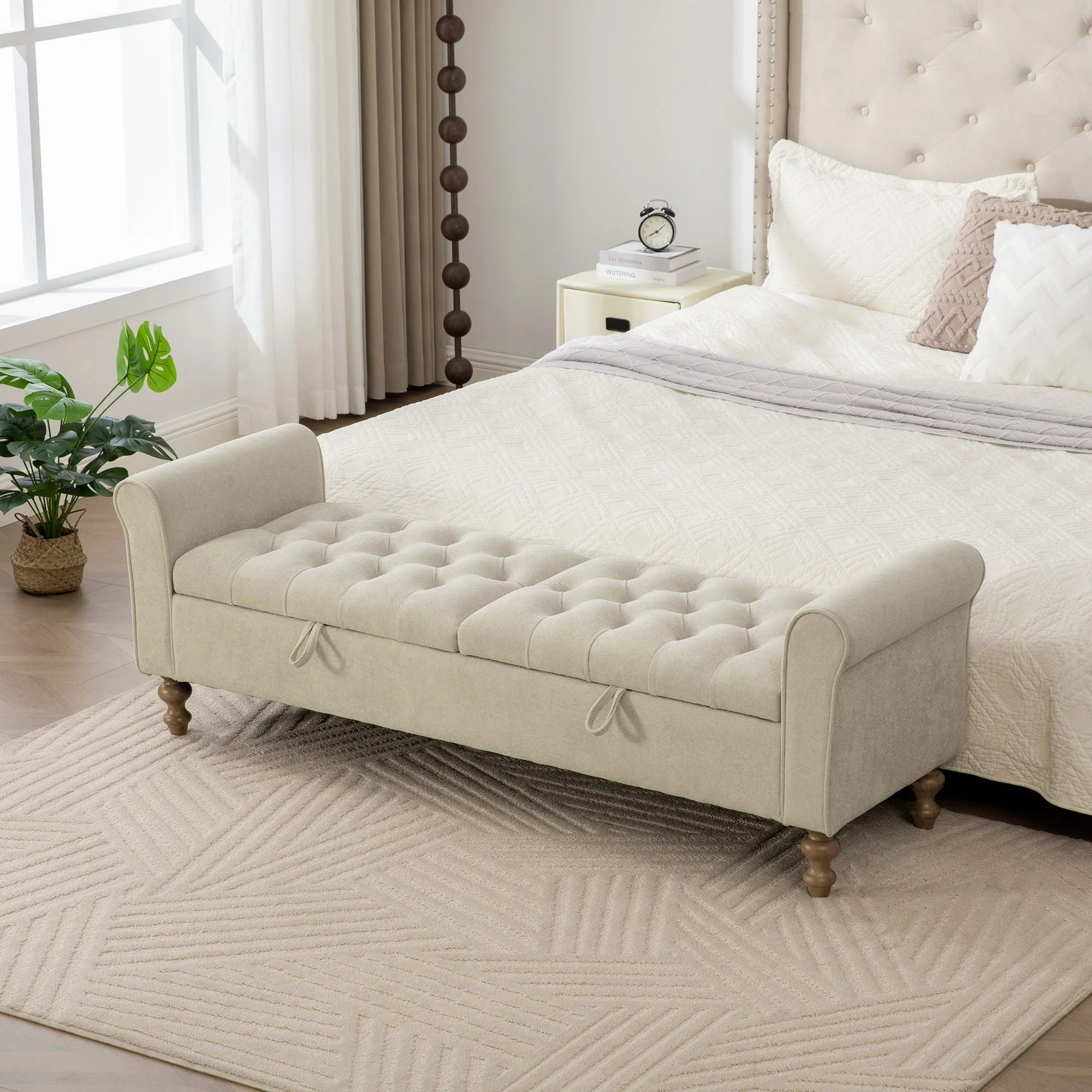 Napped Storage Bench With Rolled Armrest - Griege - Image 2