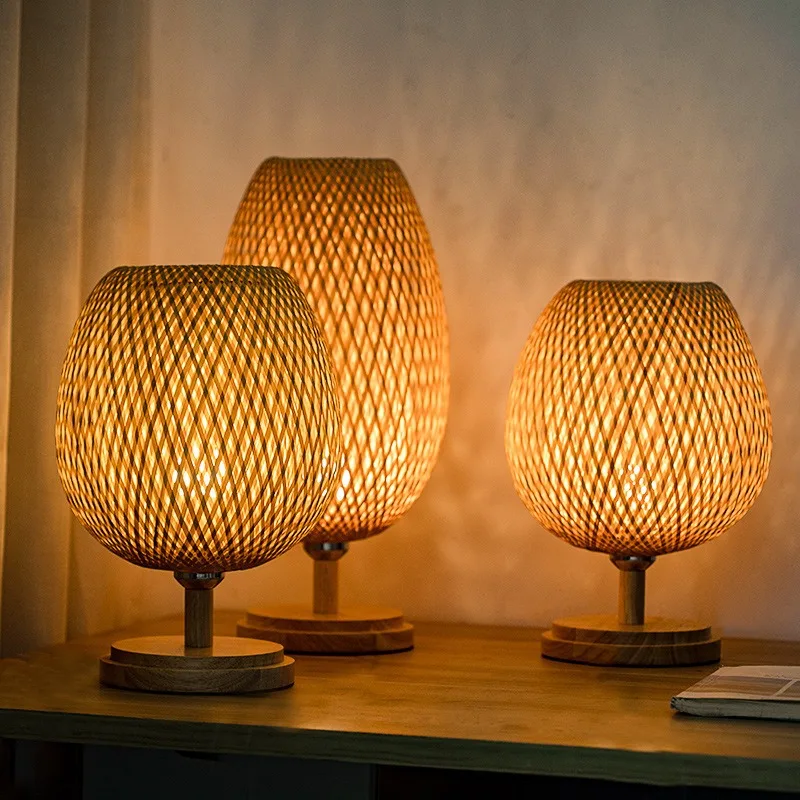 Natural Bamboo Rattan Table Lamp Hand-Woven Bedside Lamp for Bedroom & Living Room - Image 2