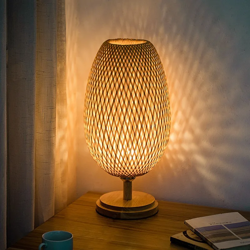 Natural Bamboo Rattan Table Lamp Hand-Woven Bedside Lamp for Bedroom & Living Room - Image 3