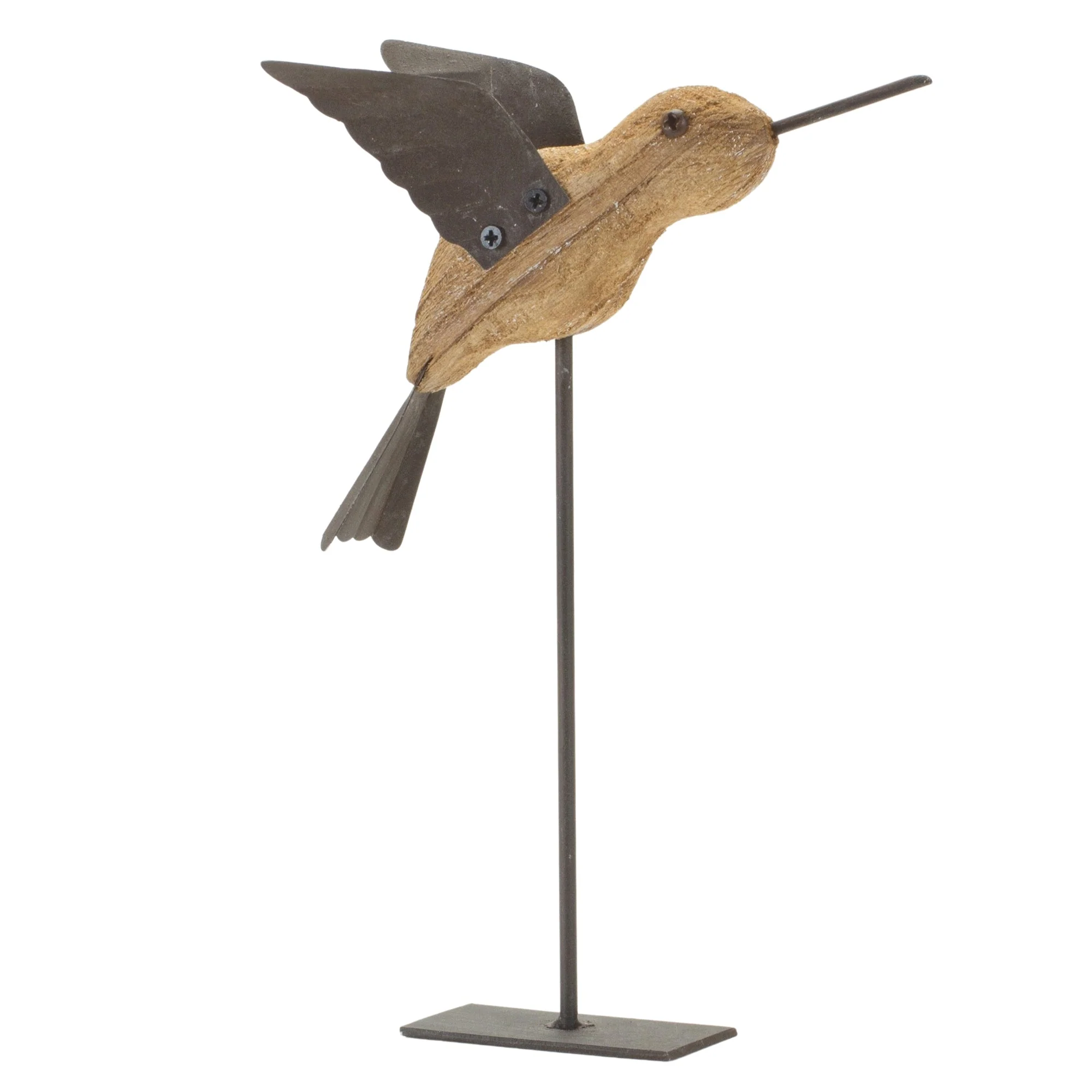 Natural Fir Wood Bird Figurine with Rustic Metal Accents (Set of 2) - Image 2