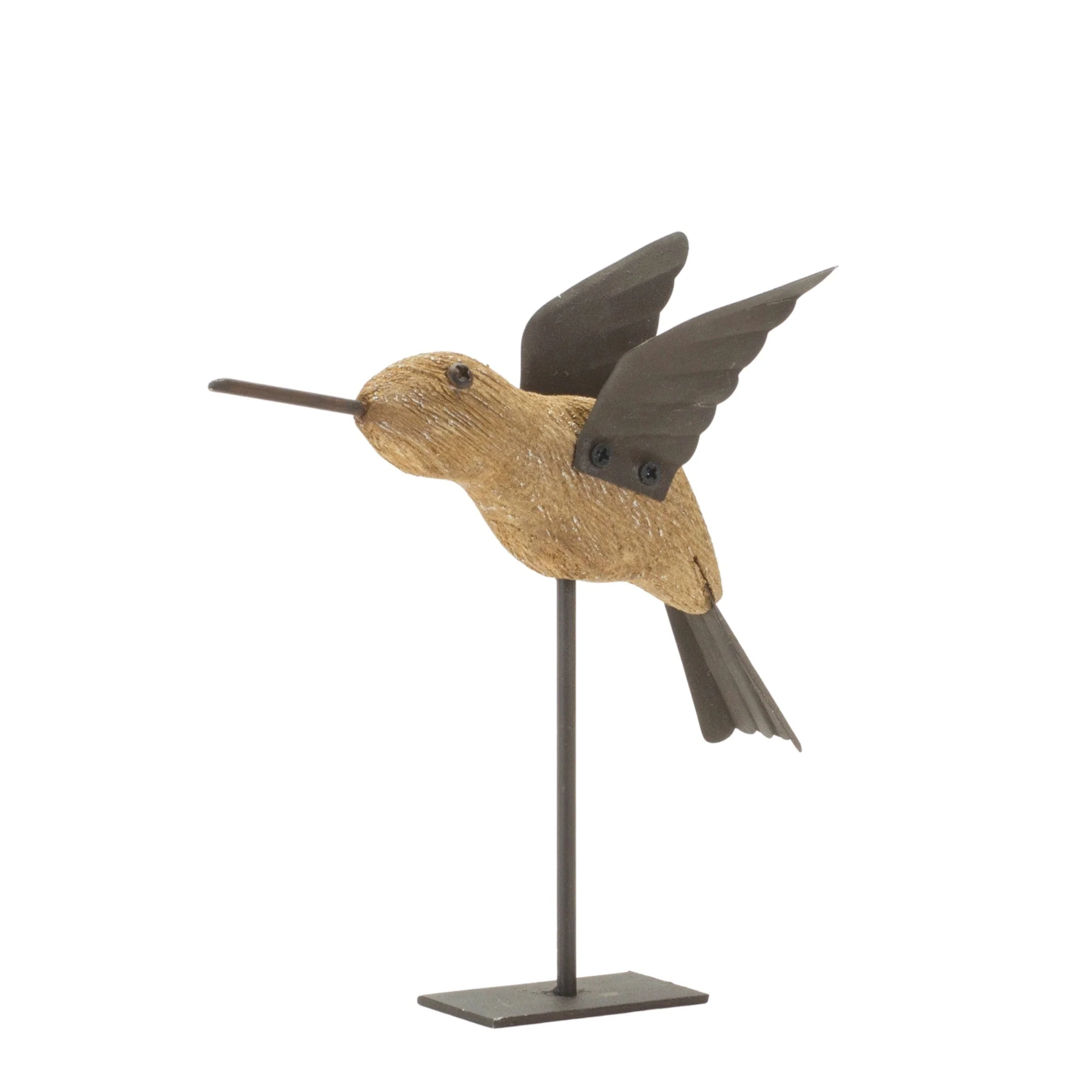 Natural Fir Wood Bird Figurine with Rustic Metal Accents (Set of 2) - Image 3