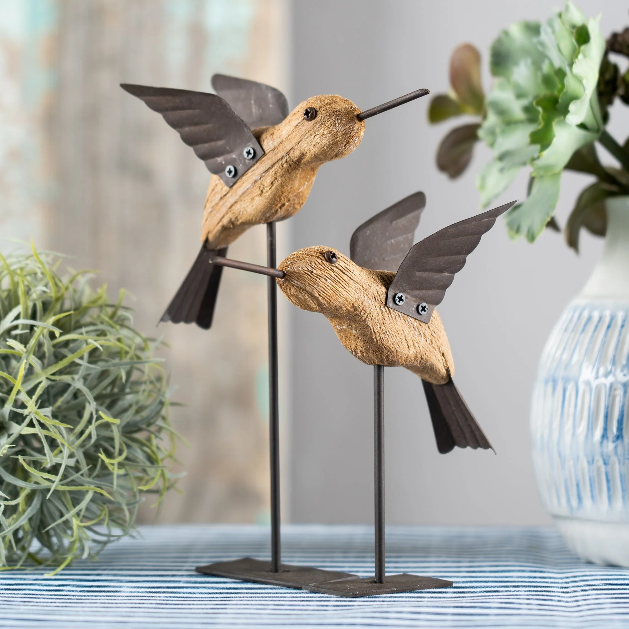 Natural Fir Wood Bird Figurine with Rustic Metal Accents (Set of 2) - Image 4