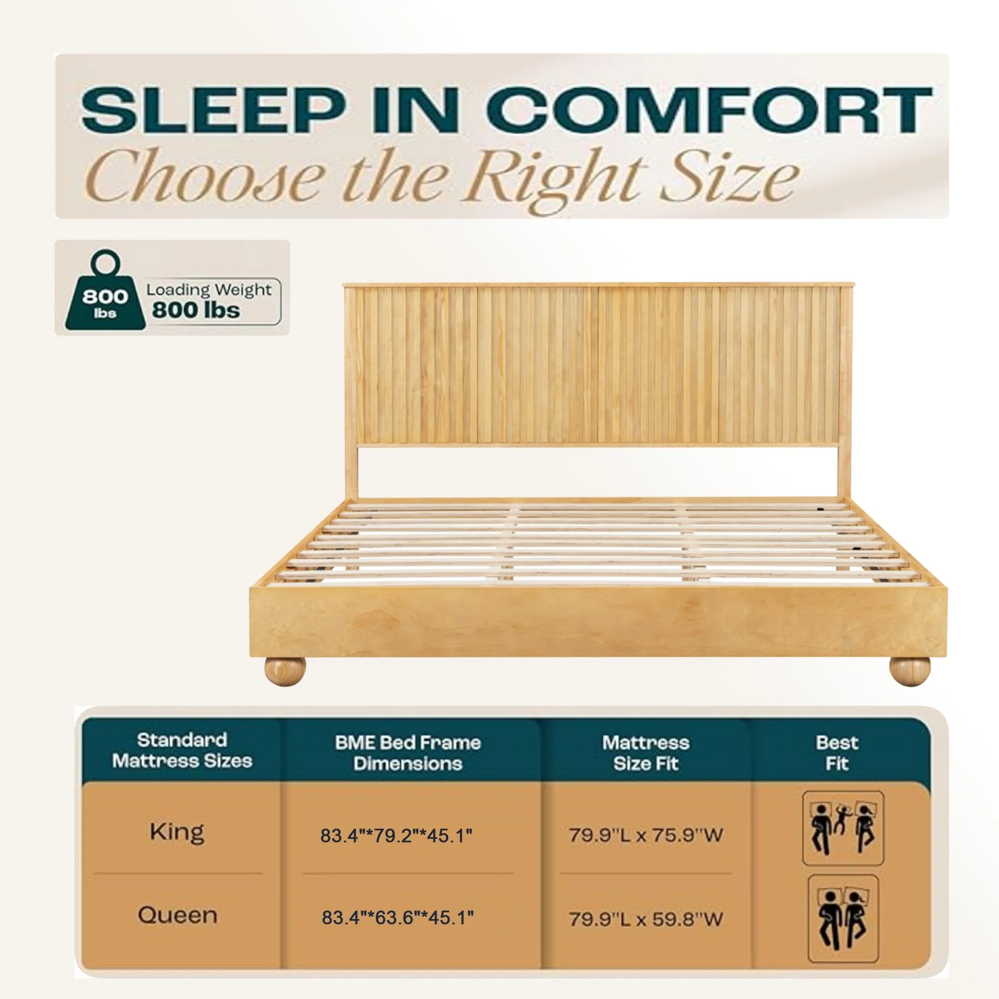 Natural Queen Size Wood Bed Frame With Reeded Headboard - Image 16