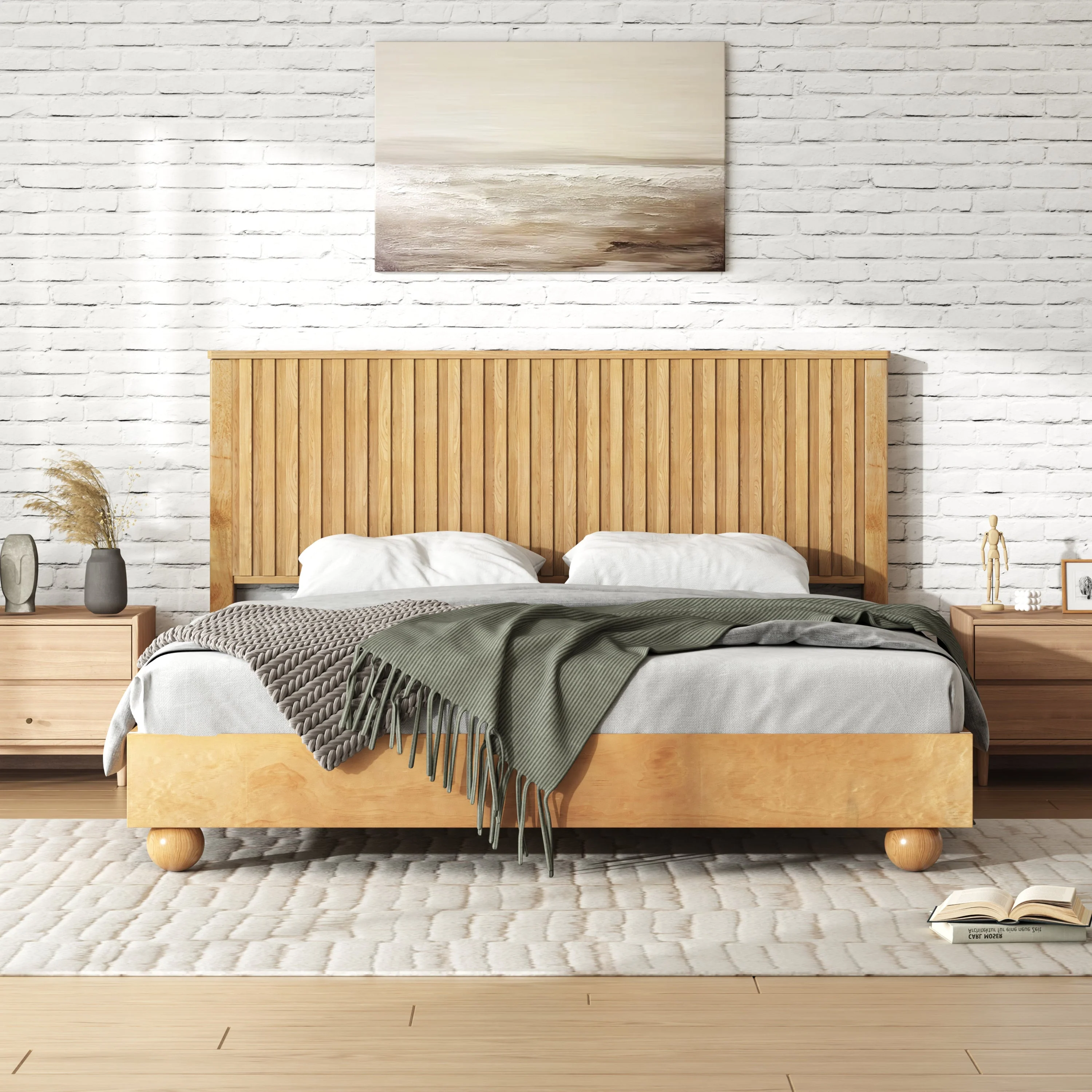 Natural Queen Size Wood Bed Frame With Reeded Headboard - Image 2