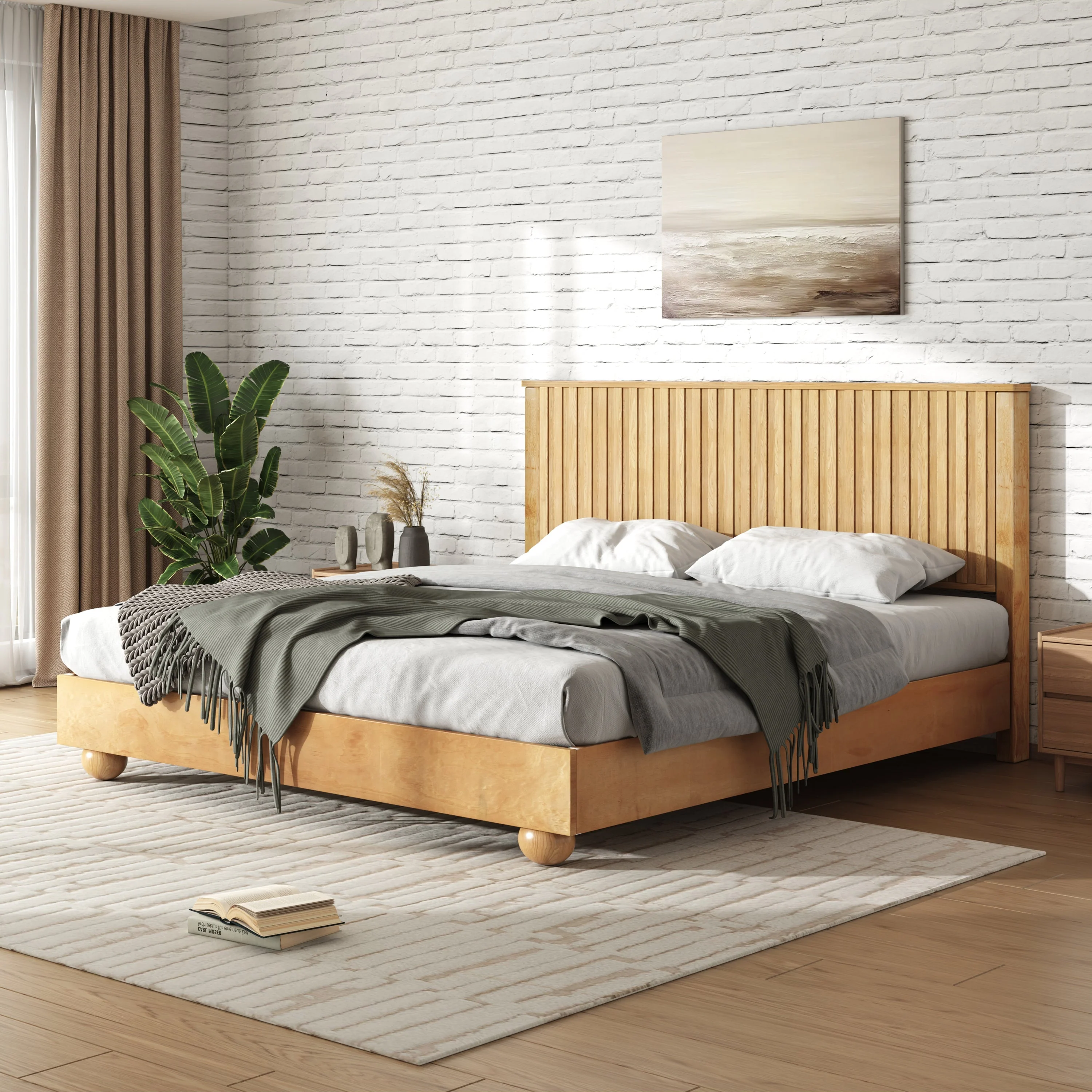 Natural Queen Size Wood Bed Frame With Reeded Headboard - Image 3
