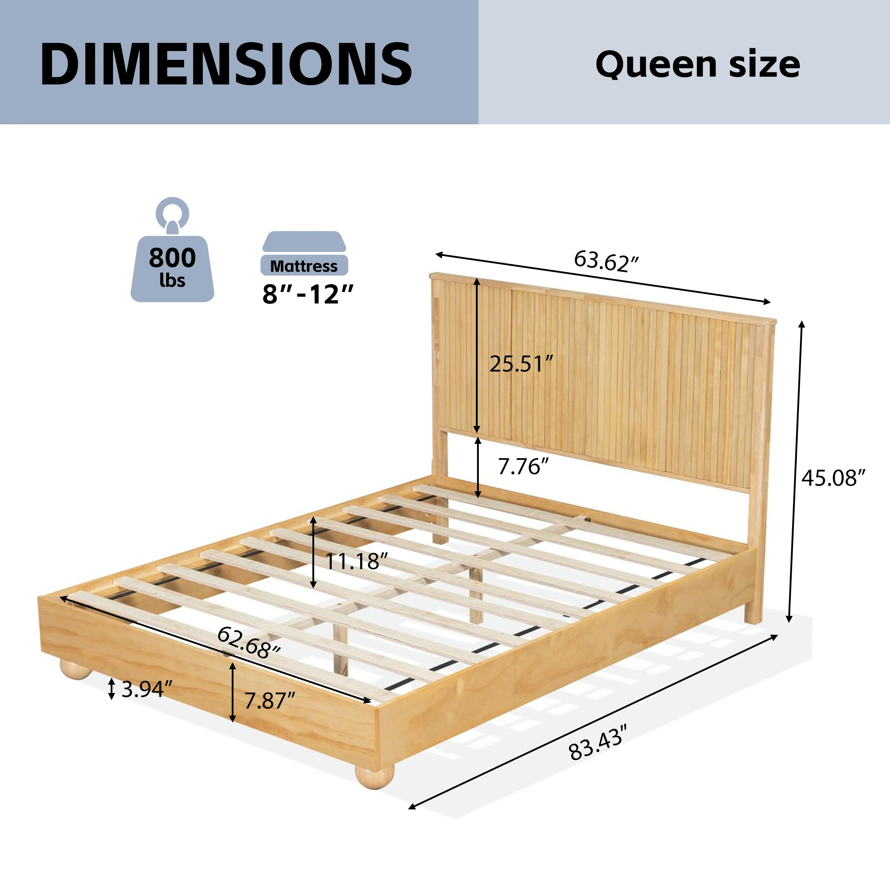 Natural Queen Size Wood Bed Frame With Reeded Headboard - Image 4