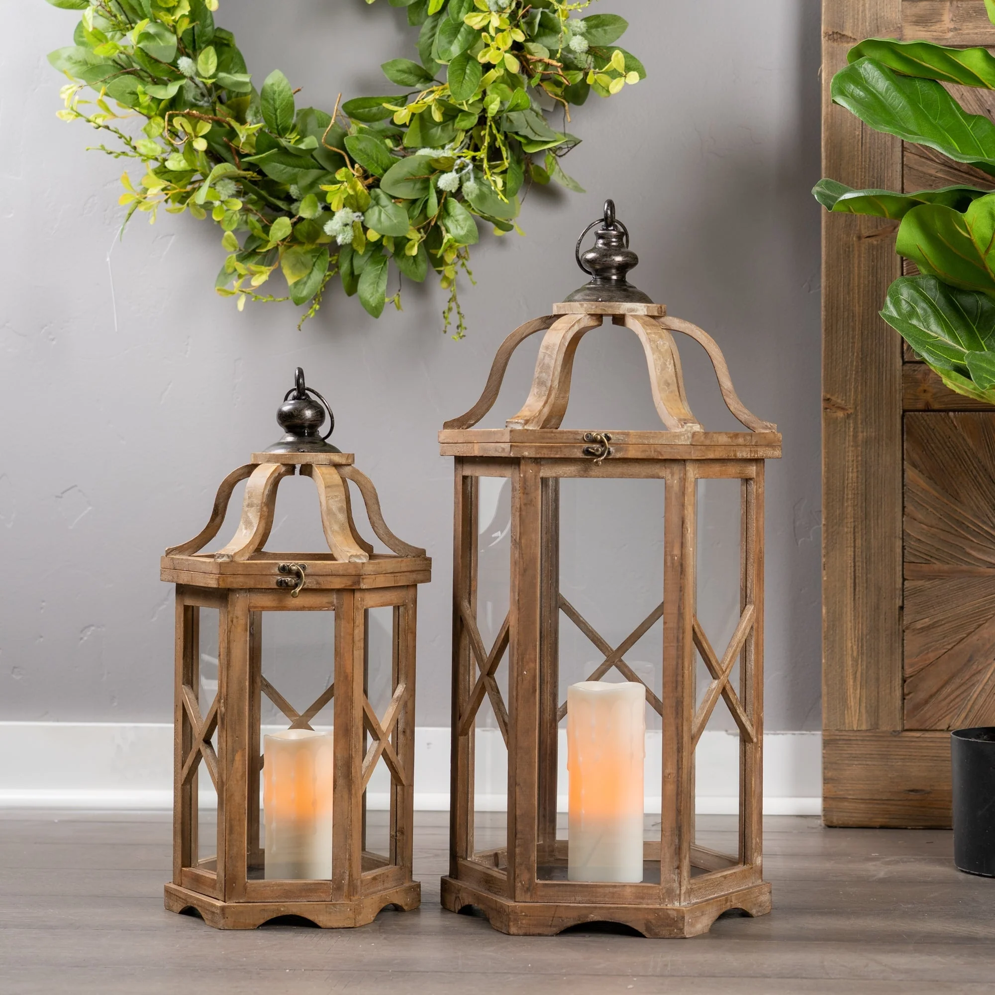 Natural Wood Hexagon Lantern with Curved Top (Set of 2) - Image 2