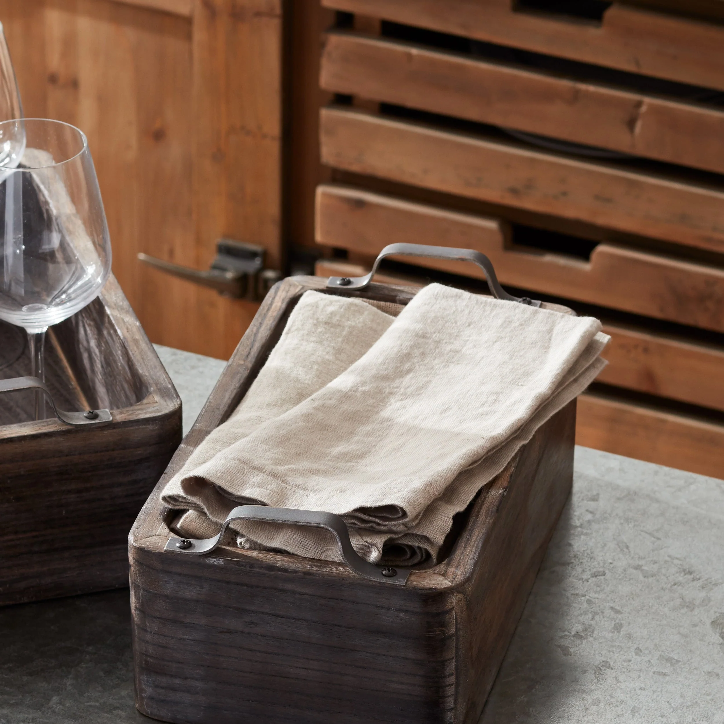Natural Wooden Box Tray with Metal Handle Accent (Set of 2) - Image 2