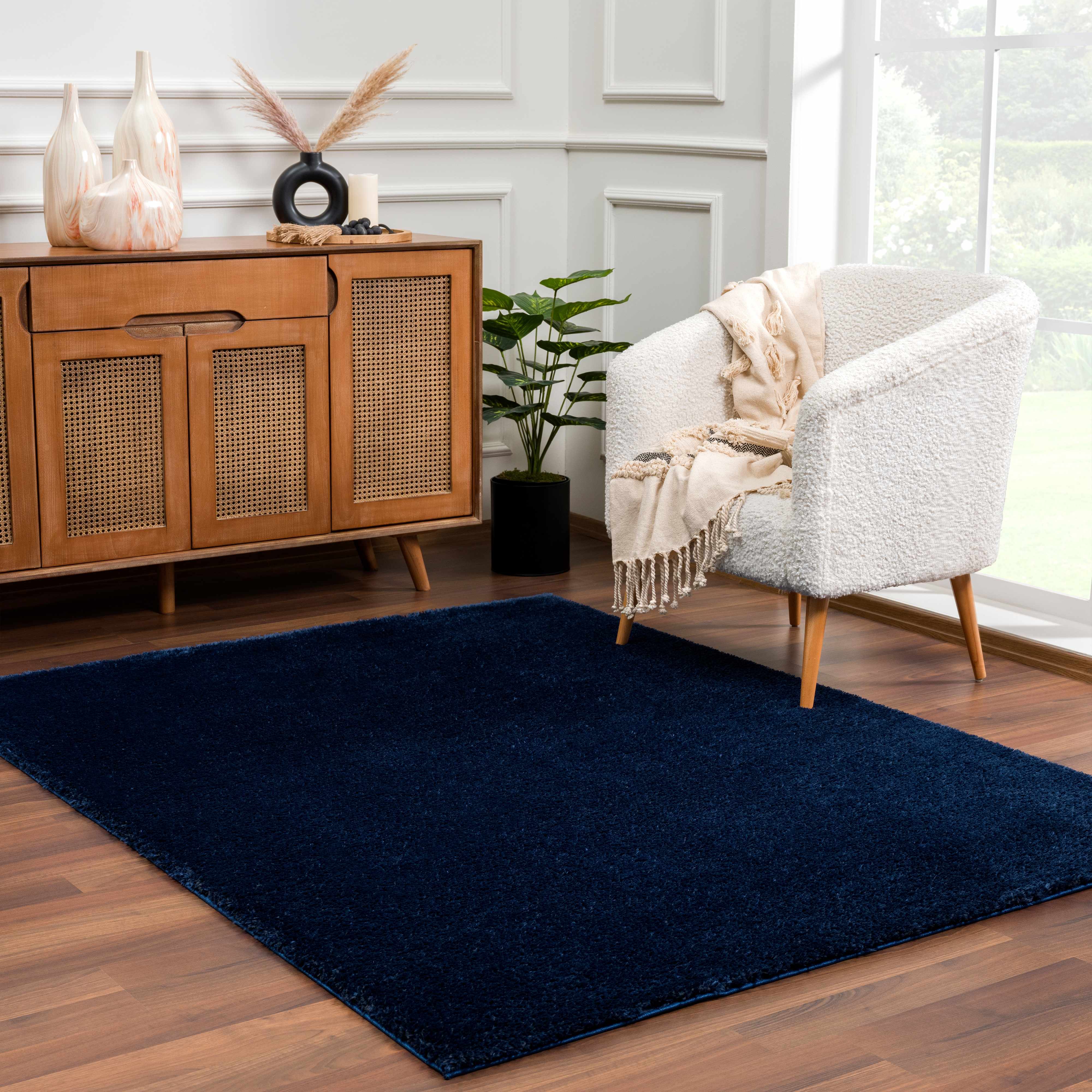 Navero Dark Blue Subtle Wavy Abstract Modern Minimalist Polyester Machine Woven Area Rug - Clearance - Image 2