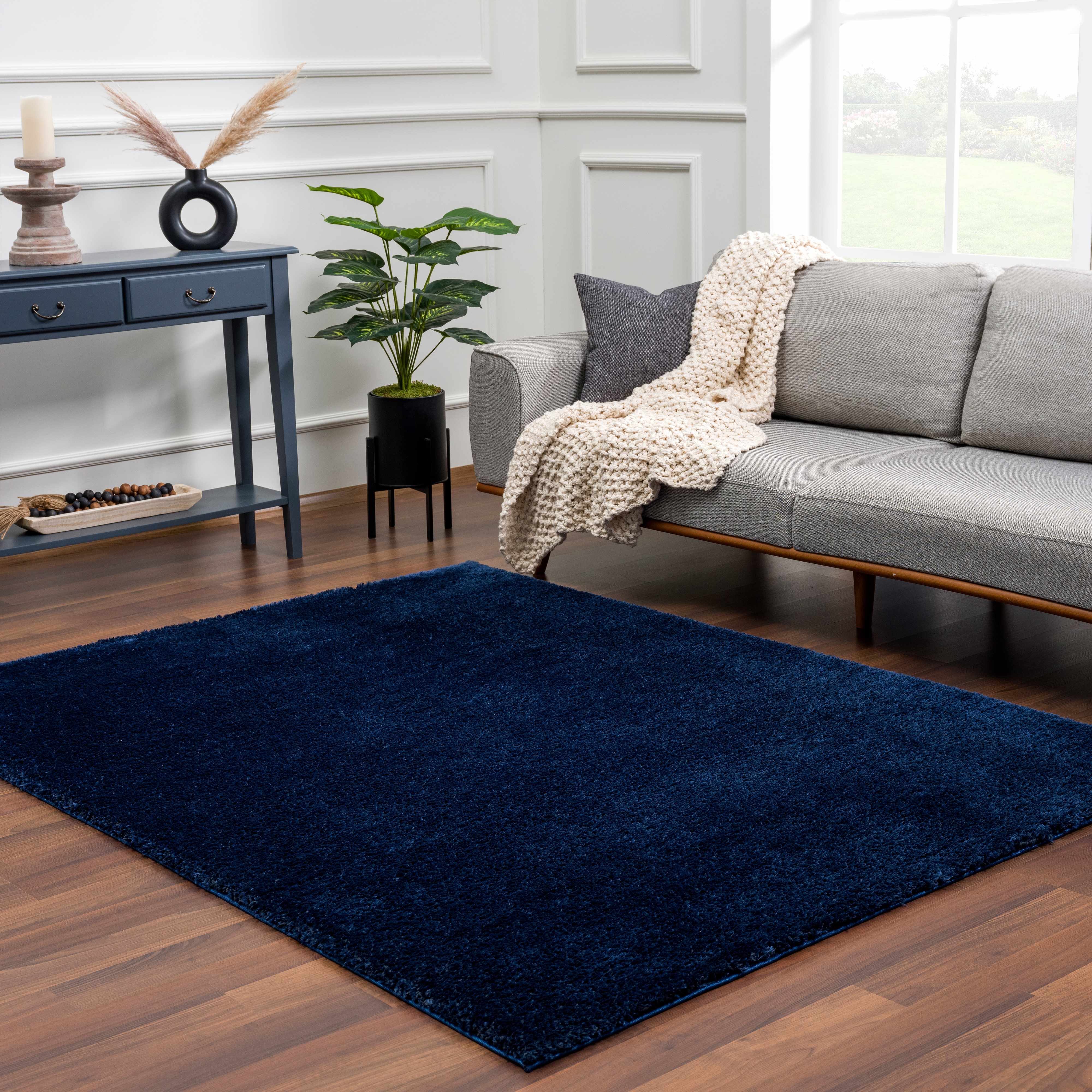 Navero Dark Blue Subtle Wavy Abstract Modern Minimalist Polyester Machine Woven Area Rug - Clearance - Image 3