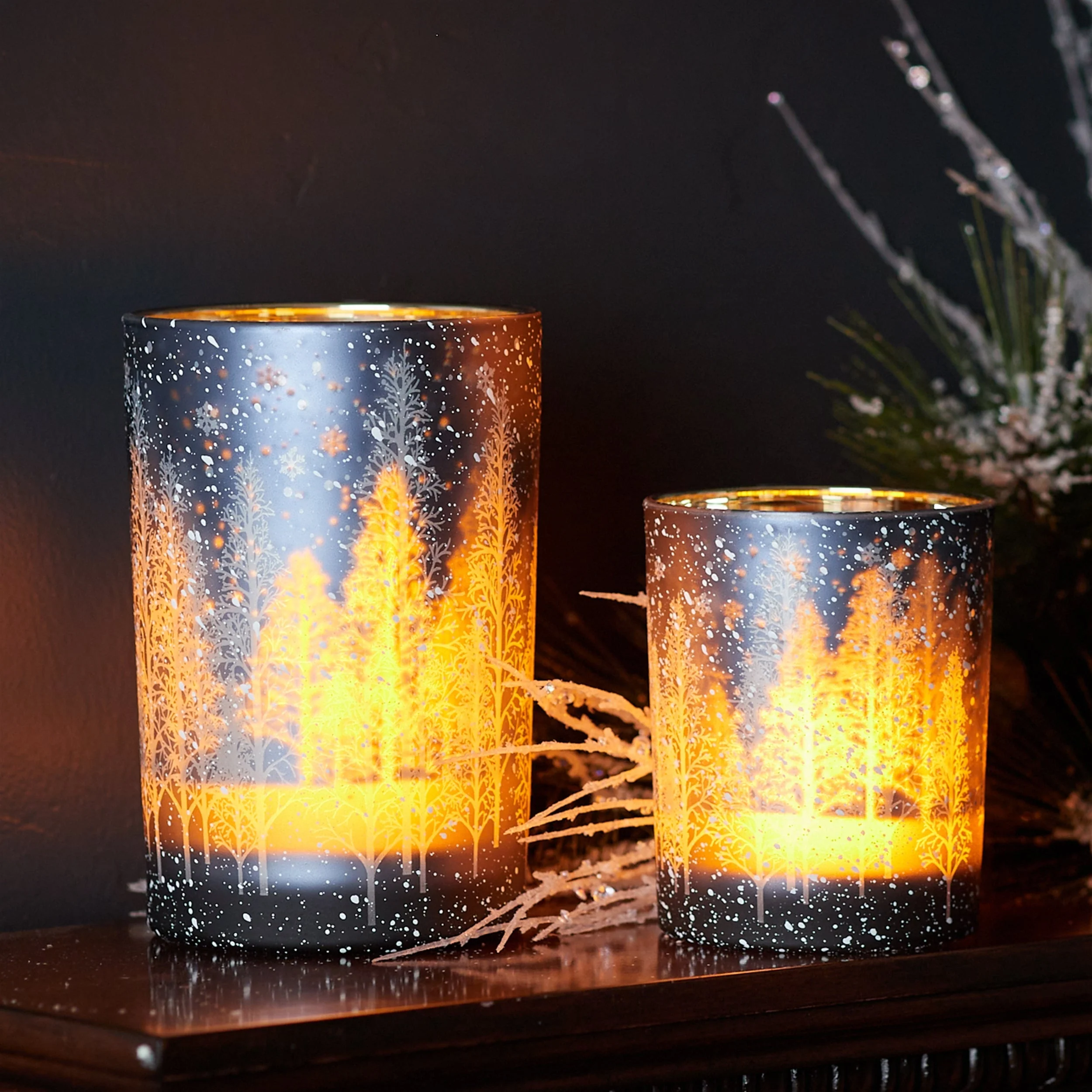 Navy Pine Tree Glass Candle Holder (Set of 2) - Image 2