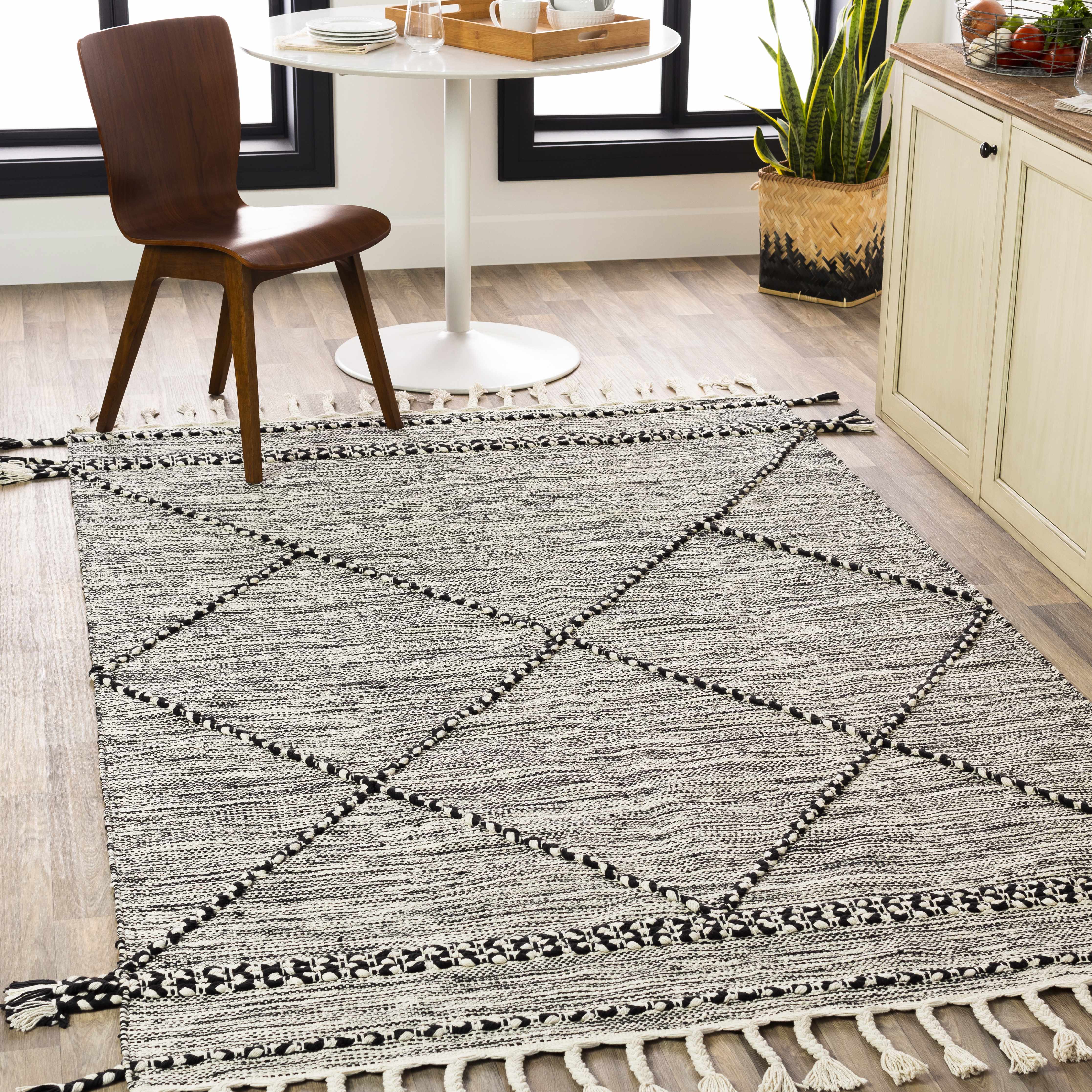 Neal Black/Cream Trellis Cotton Rug with Tassels - Clearance - Image 2