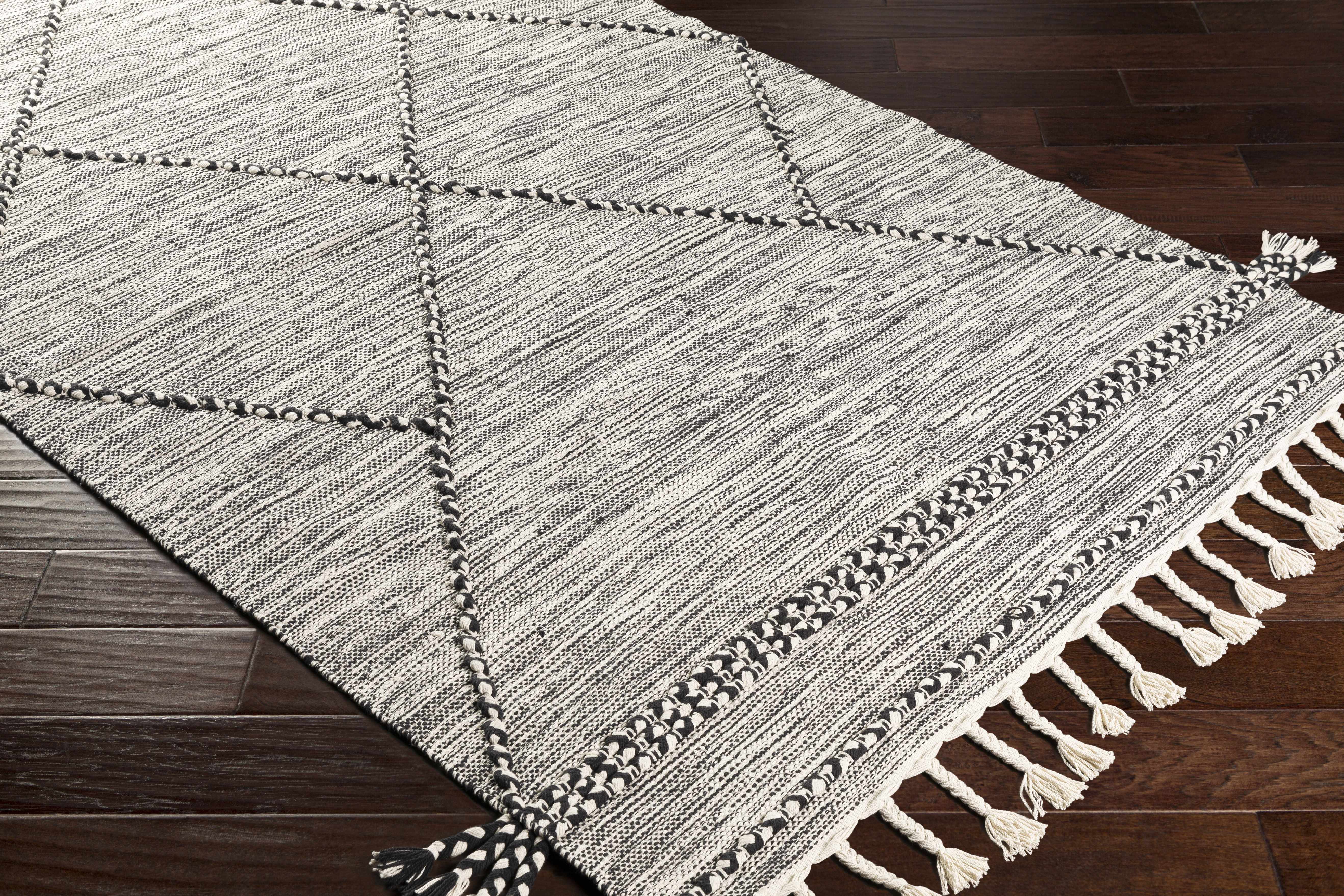 Neal Black/Cream Trellis Cotton Rug with Tassels - Clearance - Image 3