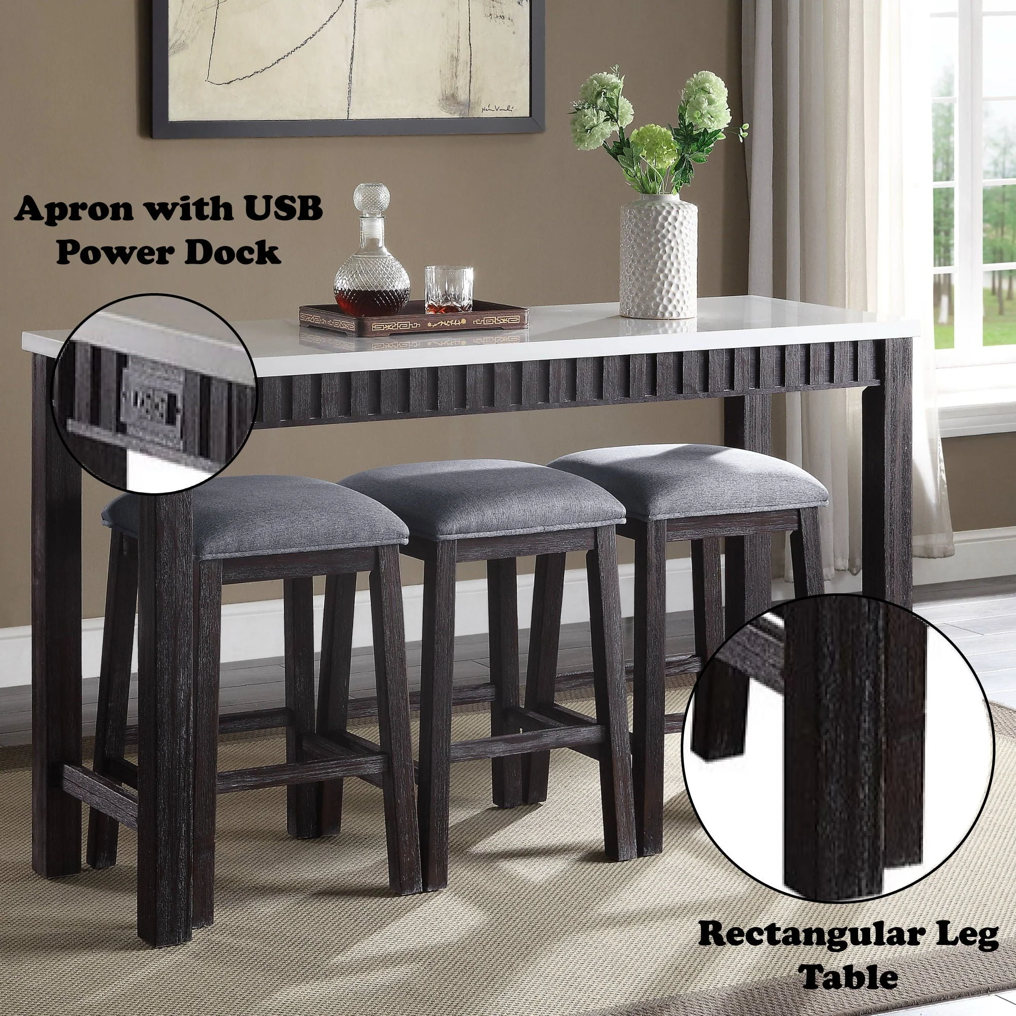 Necalli - Marble Top Weathered 4 Piece Pack Counter Height Table Set - Espresso - Image 4